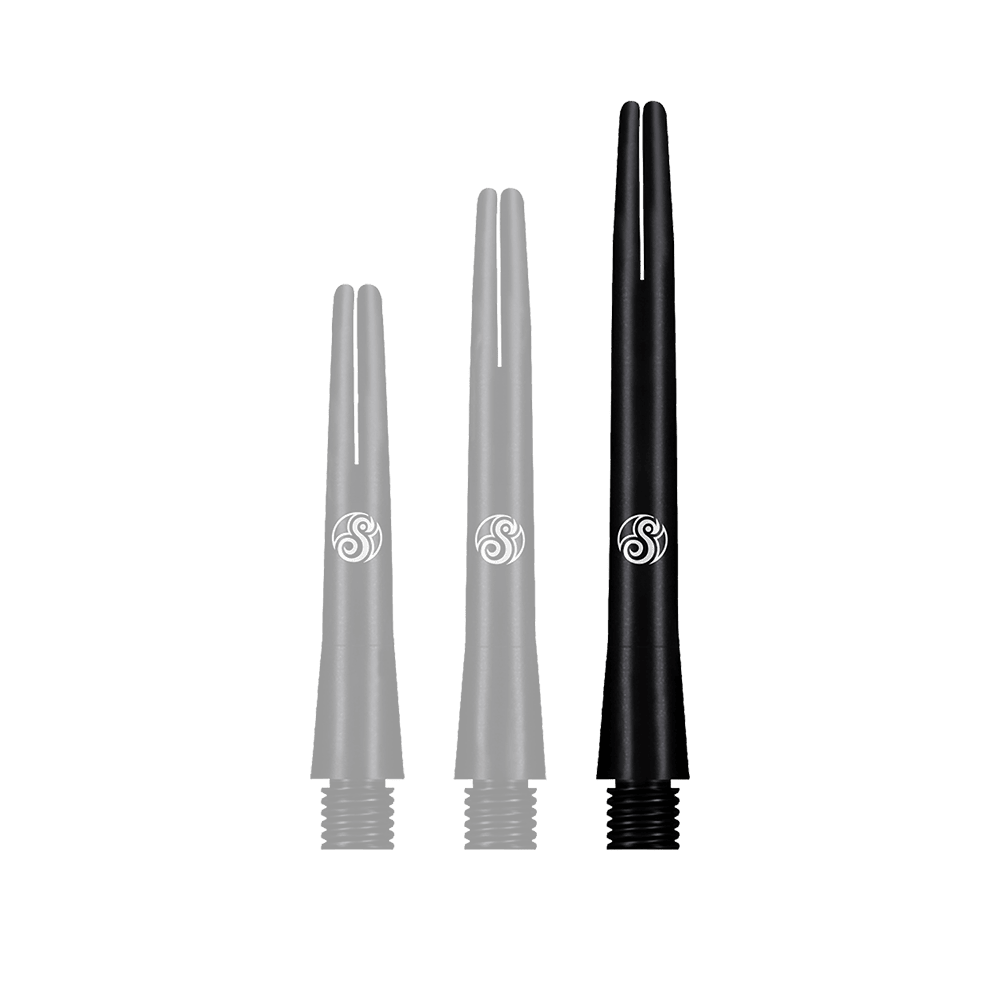 SM3809-M_Shot_Aluminium_Shafts_Black_47mm_1hbxpVcxNWftre Das Bild zeigt drei schwarze Aluminiumschäfte für Darts in verschiedenen Längen. Auf jedem Schaft befindet sich ein weißes Logo.