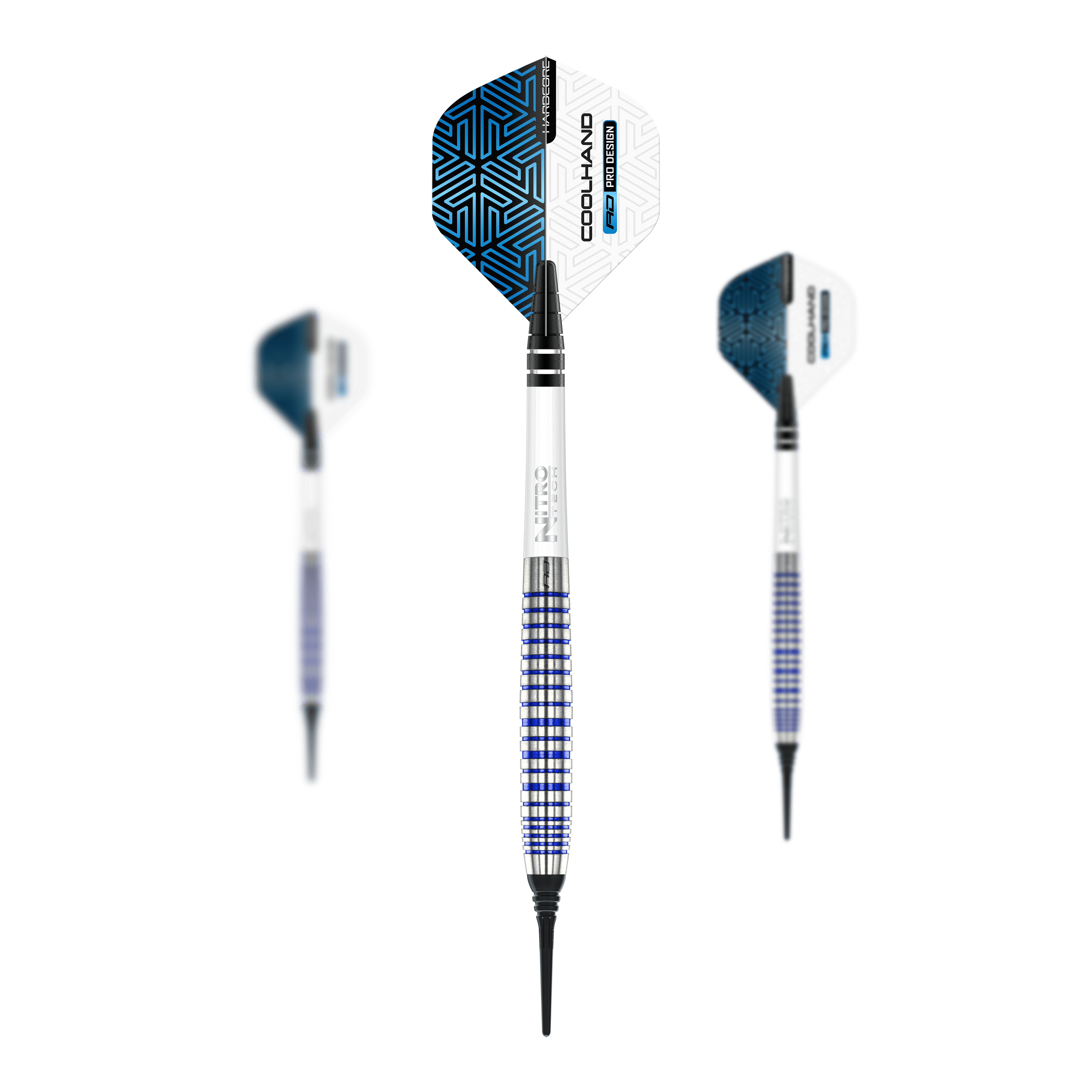 Das Bild zeigt drei Softdarts des Modells "Red Dragon Luke Humphries TX3 Cool Blue SE" mit einem Gewicht von 20g. Die Darts sind überwiegend weiß-blau und haben ein modernes, geometrisches Design auf den Flights.