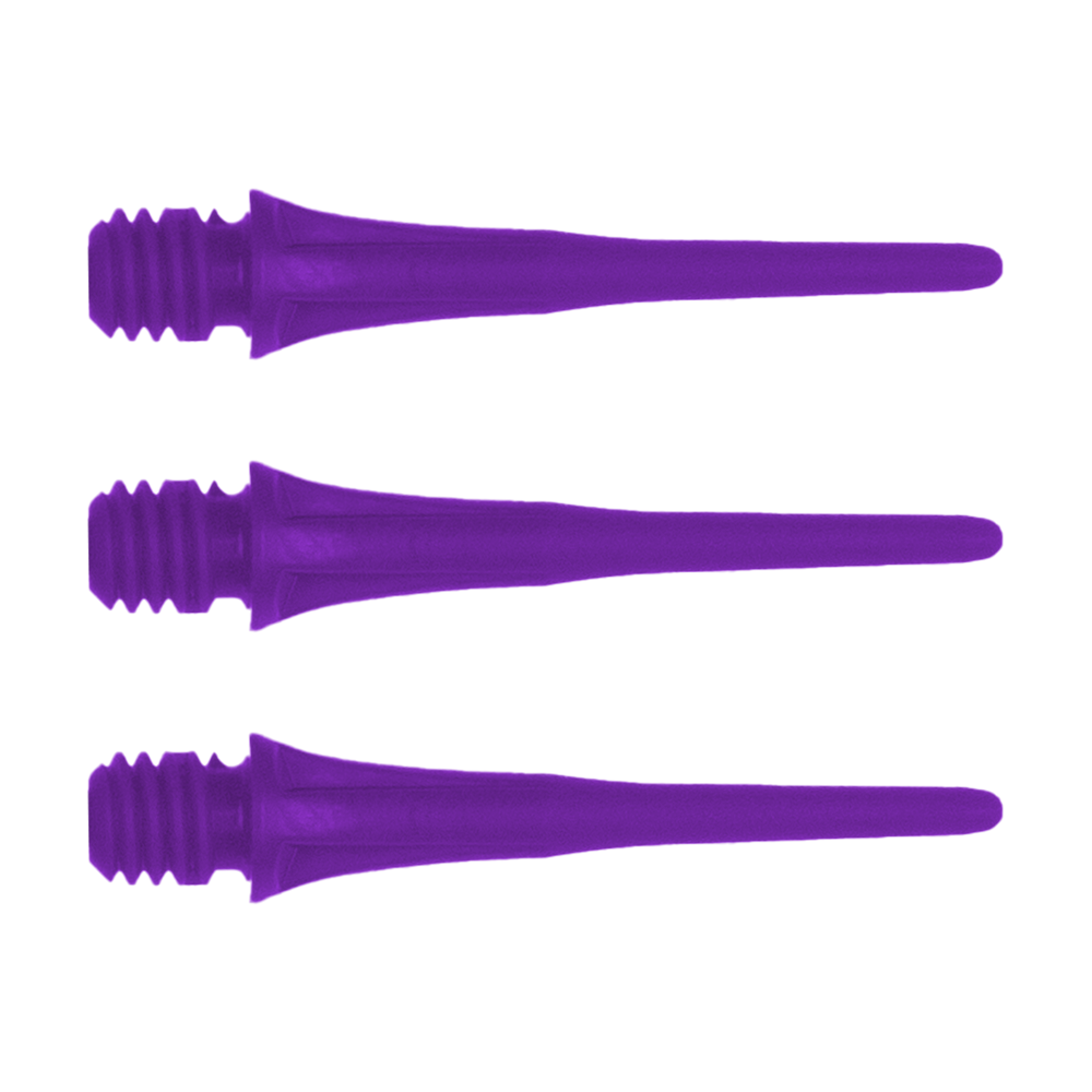 Das Bild zeigt drei lilafarbene Dartspitzen mit Schraubgewinde. Es handelt sich um das Produkt "Cosmo Fit Point Plus 2BA Spitzen 25mm (50er Pack)".