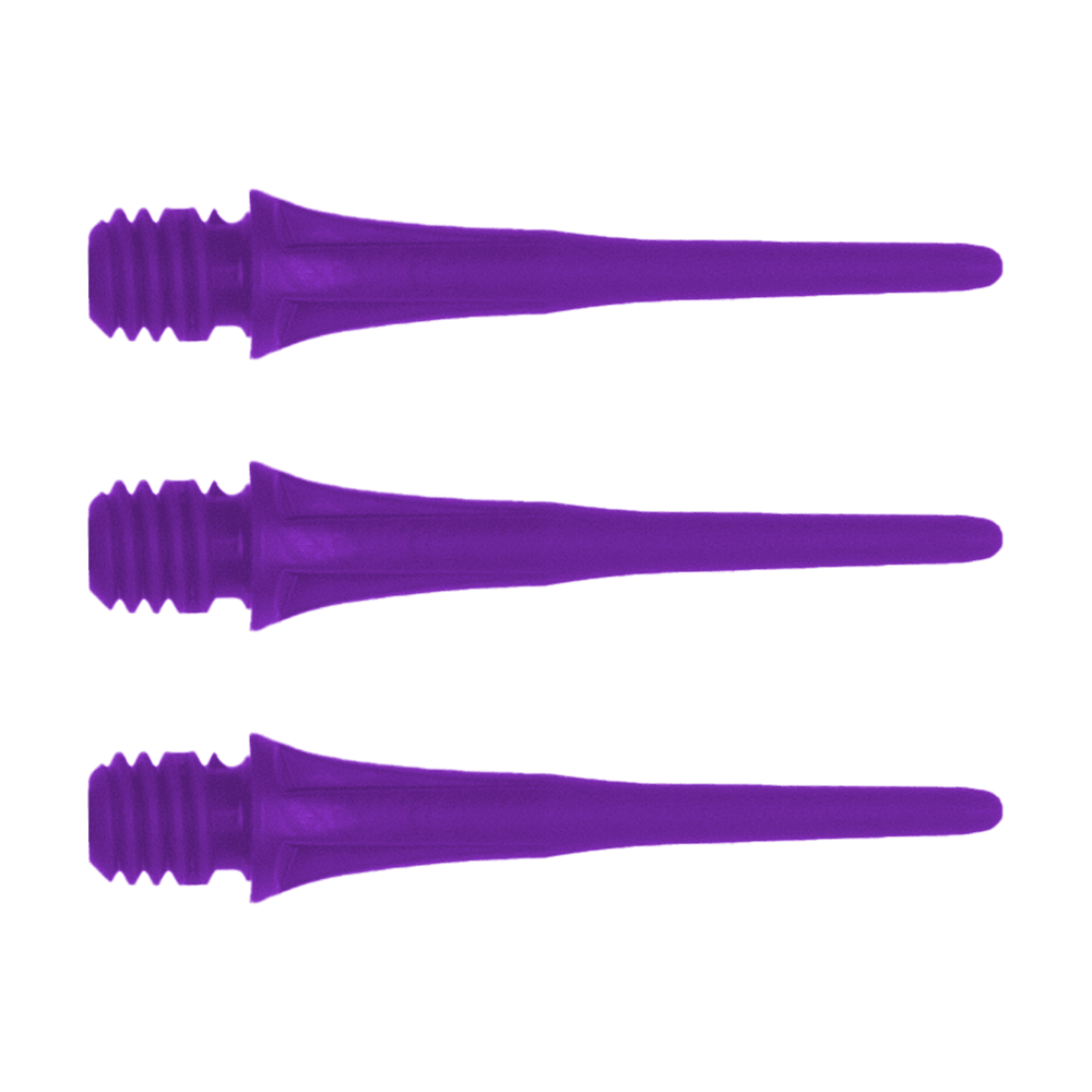 X9055_Cosmo_Fit_Point_Plus_2BA_Spitzen_Lila_1 Das Bild zeigt drei lilafarbene Dartspitzen mit Schraubgewinde. Es handelt sich um das Produkt "Cosmo Fit Point Plus 2BA Spitzen 25mm (50er Pack)".