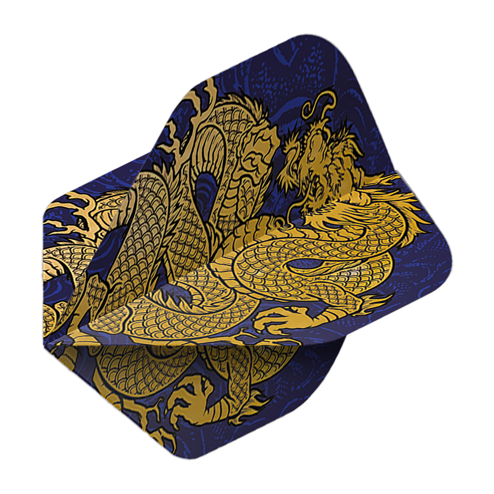 Pentathlon Flights Dragon blau Das Bild zeigt die Pentathlon Dragon 4 Standard Flights. Auf den Flights ist ein goldener Drache auf dunkelblauem Hintergrund abgebildet.