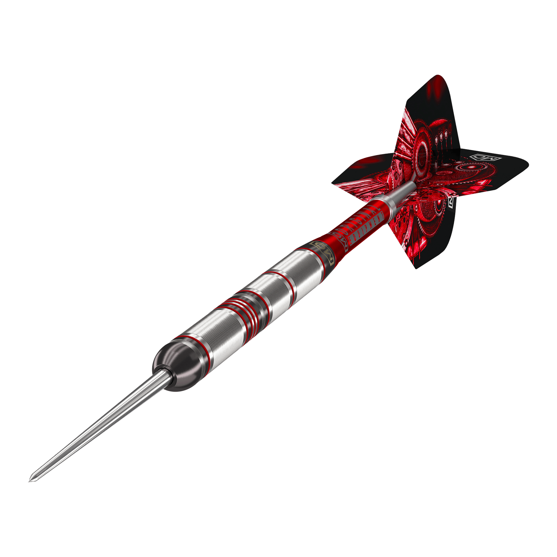 DW Piranha Razor 01 Steeldarts Das Bild zeigt einen DW Piranha Razor 01 Steeldart. Der Dartpfeil hat ein silbernes Barrel mit roten Akzenten und rote Flights.