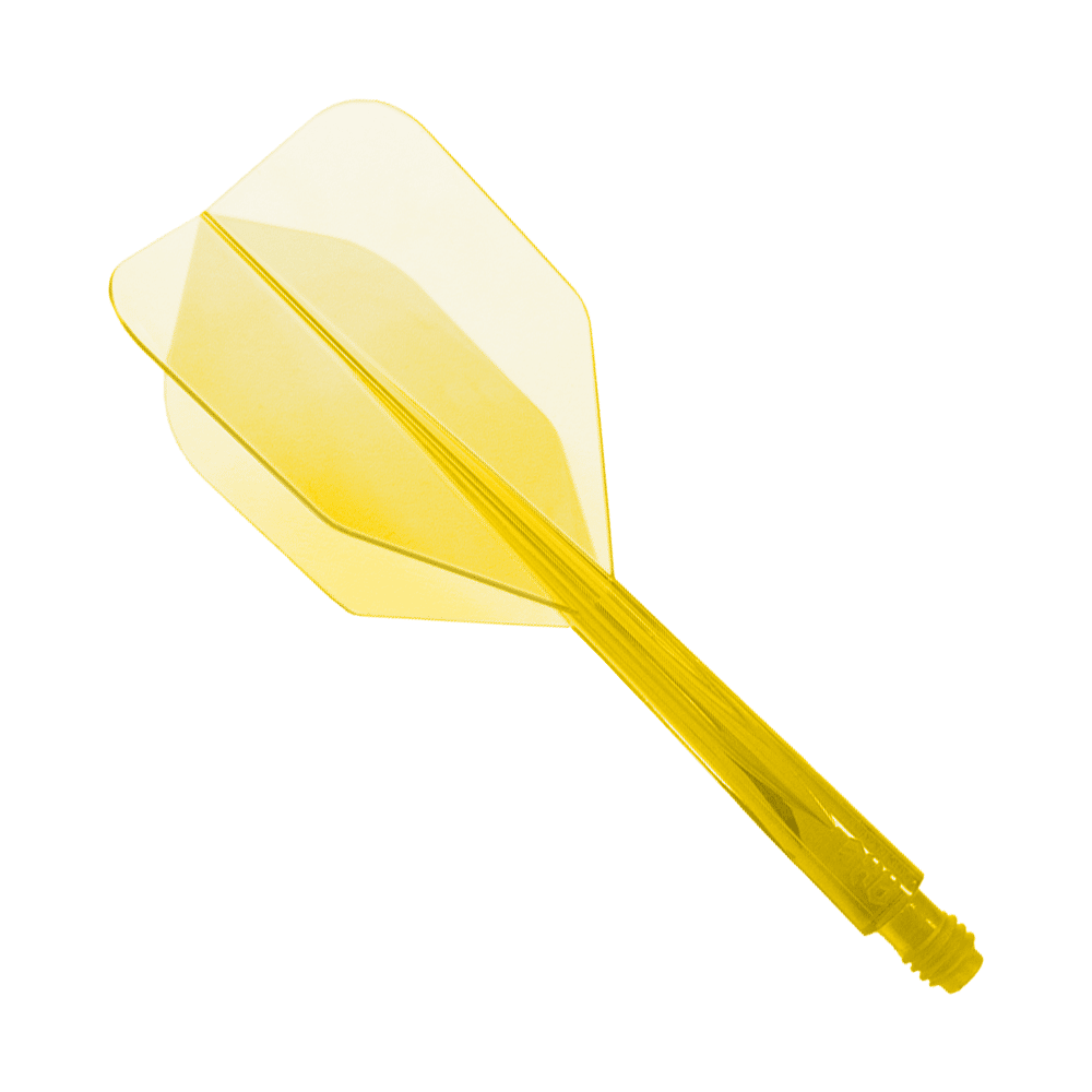 Das Bild zeigt das Produkt "Condor Axe Clear Yellow Flight-System Small - XL - 37,5 mm". Es handelt sich um einen gelben, transparenten Flightschaft für Dartpfeile.