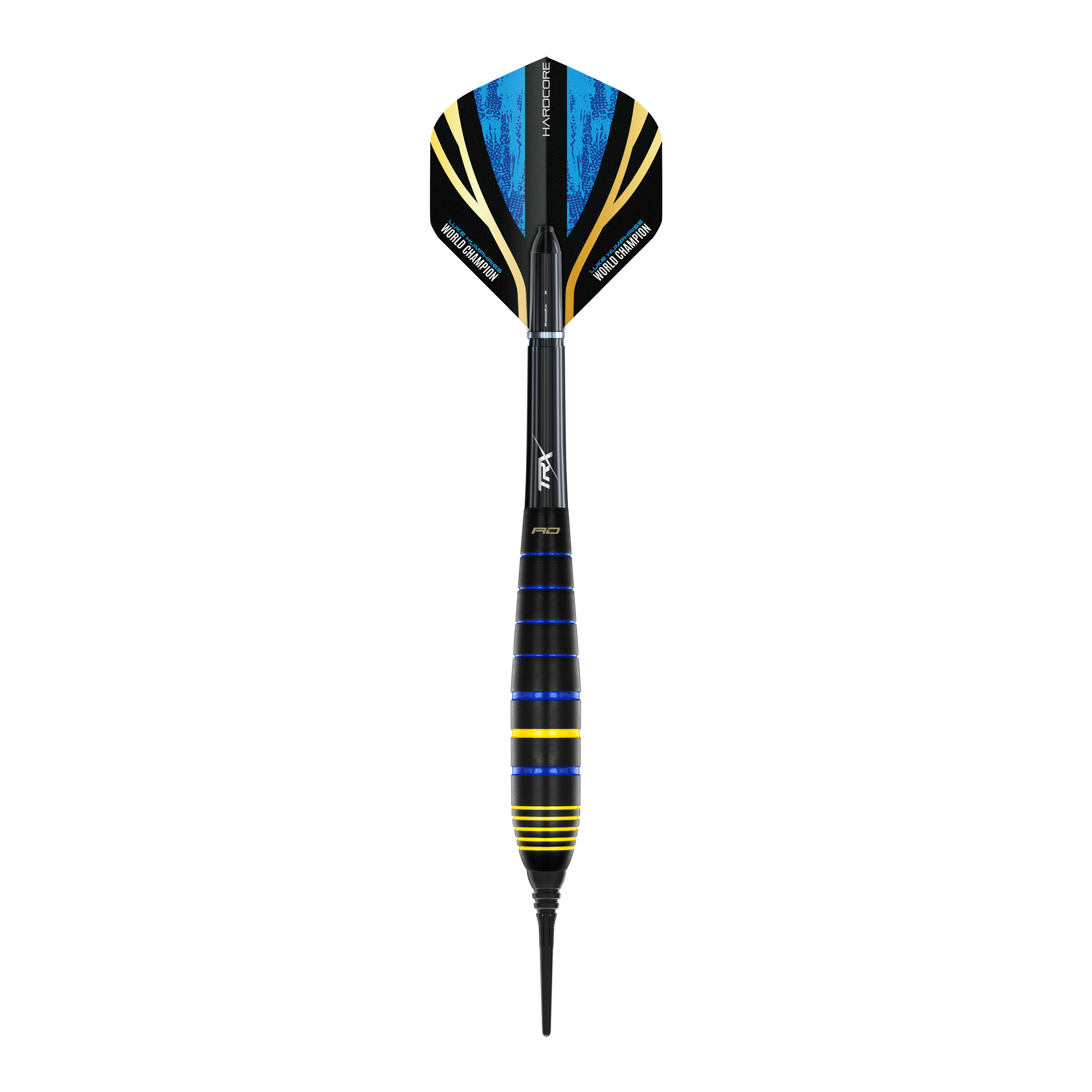 Red Dragon Luke Humphries World Champion Brass Softdarts - 20g Das Bild zeigt einen Red Dragon Luke Humphries World Champion Brass Softdart mit 20g Gewicht. Der Dart ist schwarz mit blauen und gelben Akzenten gestaltet.