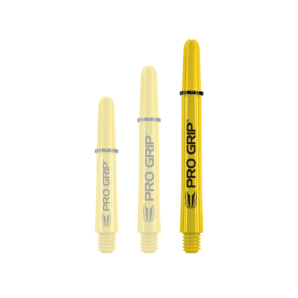 Auf dem Bild sind drei gelbe Pro Grip Shafts in unterschiedlichen Längen zu sehen. Sie stehen nebeneinander und tragen die Aufschrift "PRO GRIP".