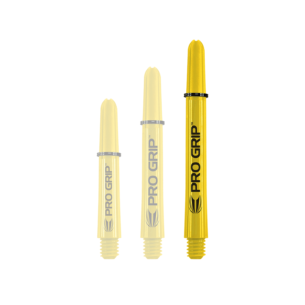 Target Pro Grip Shafts - 3 Sets - Gelb Auf dem Bild sind drei gelbe Pro Grip Shafts in unterschiedlichen Längen zu sehen. Sie stehen nebeneinander und tragen die Aufschrift "PRO GRIP".