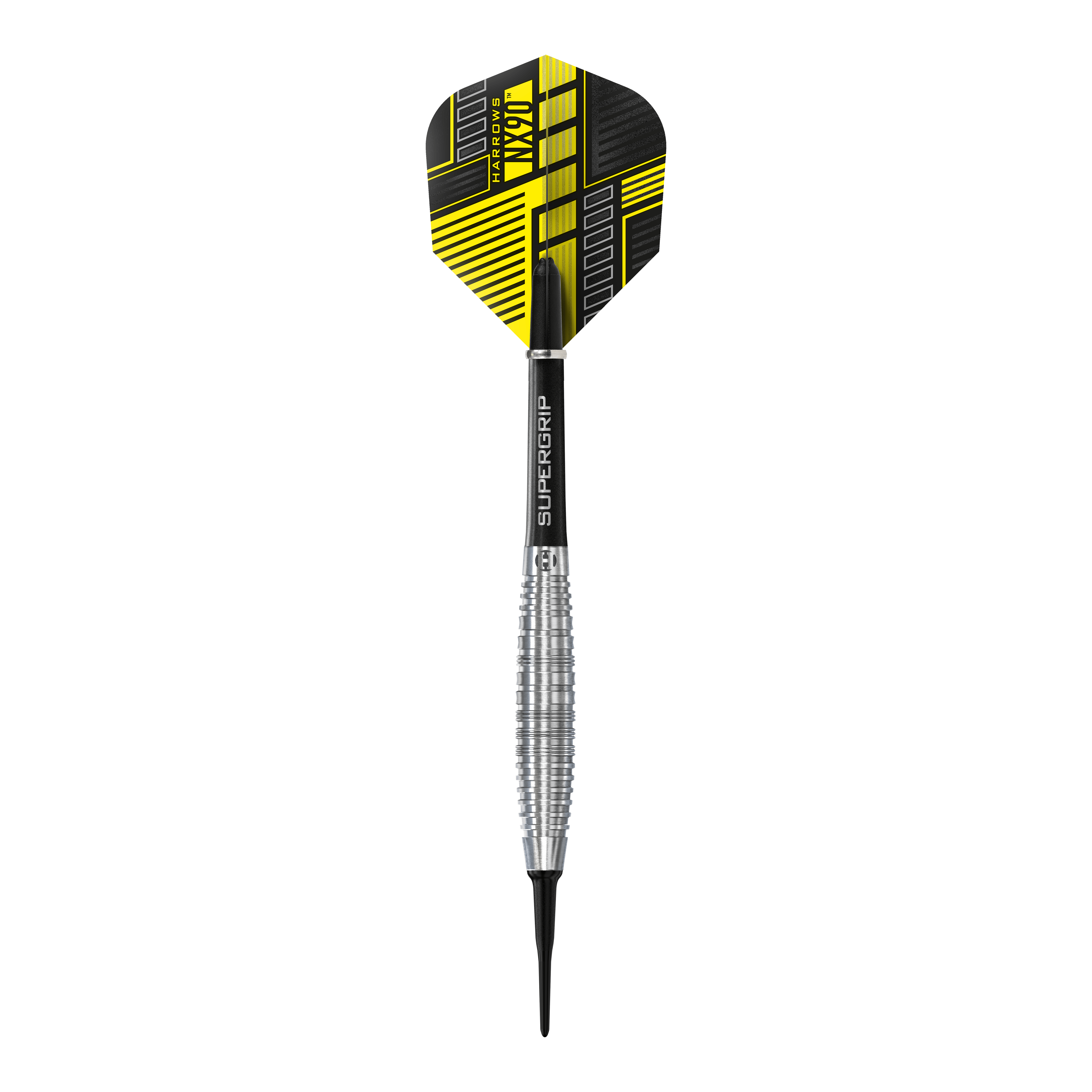 Harrows NX90 Bomb Softdarts Das Bild zeigt einen Harrows NX90 Bomb Softdart mit einem silbernen, geriffelten Barrel. Die Flight-Feder ist schwarz und gelb gemustert und trägt den Produktnamen.