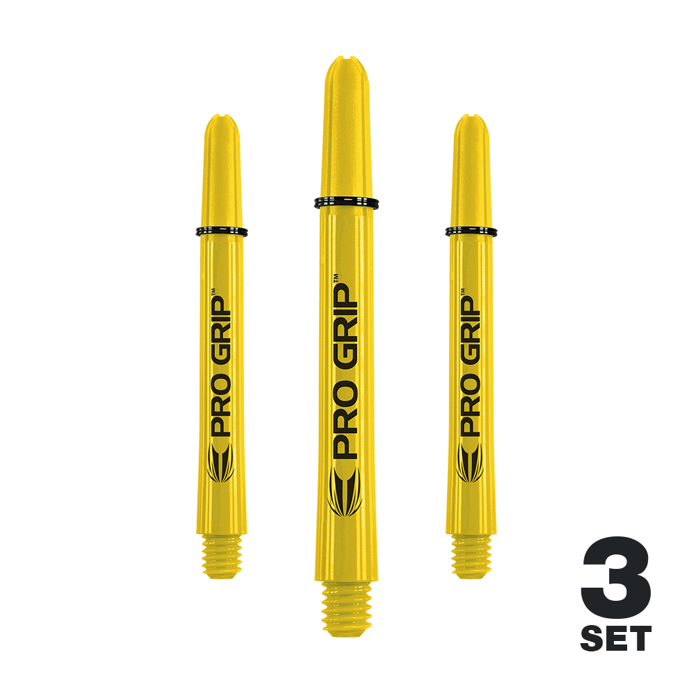 Auf dem Bild sind drei gelbe Pro Grip Dartschäfte zu sehen. In der rechten unteren Ecke steht „3 Set“.