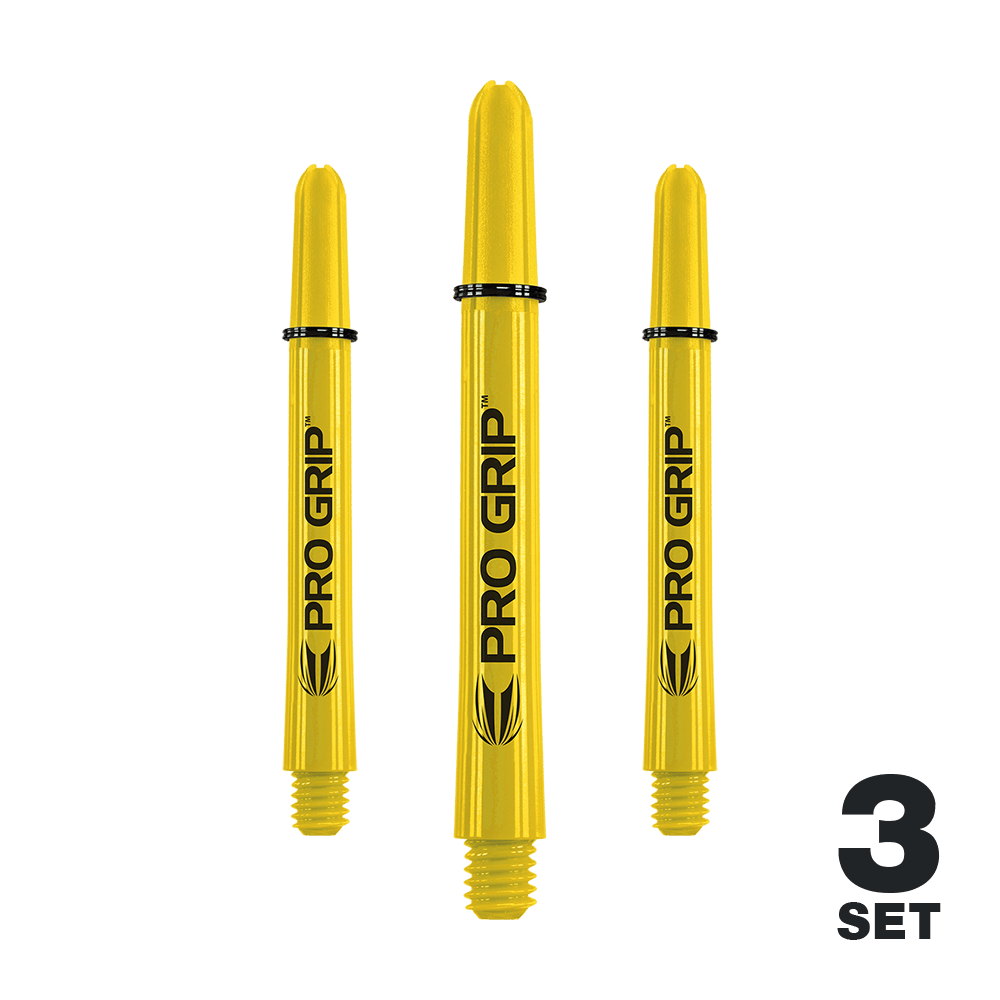 Target Pro Grip Shafts - 3 Sets - Gelb Auf dem Bild sind drei gelbe Pro Grip Dartschäfte zu sehen. In der rechten unteren Ecke steht „3 Set“.
