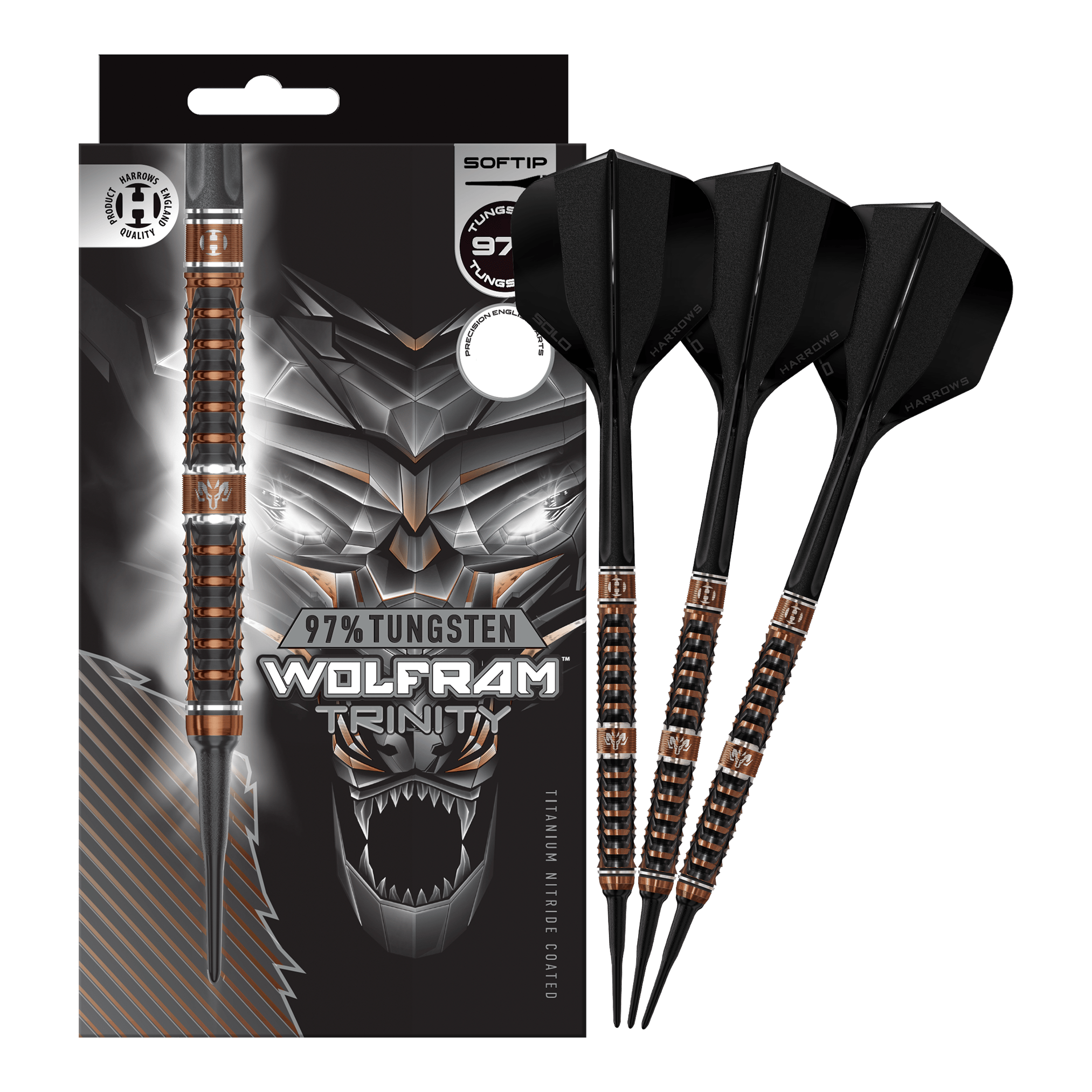 Harrows Wolfram Trinity Softdarts Das Bild zeigt die Harrows Wolfram Trinity Softdarts in voller Ansicht. Die Softdarts sind hochwertig verarbeitet.