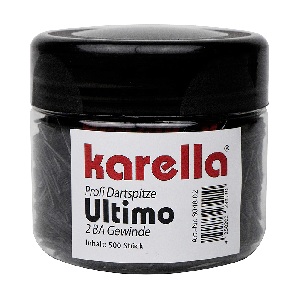 804802_Karella_Ultimo_Softdartspitzen_500Stk_in_der_Dose_Schwarz_2 Das Bild zeigt eine Dose mit 500 schwarzen Karella Ultimo Softdartspitzen. Auf dem Etikett steht der Produktname und weitere Informationen zur Größe und Anzahl der Spitzen.