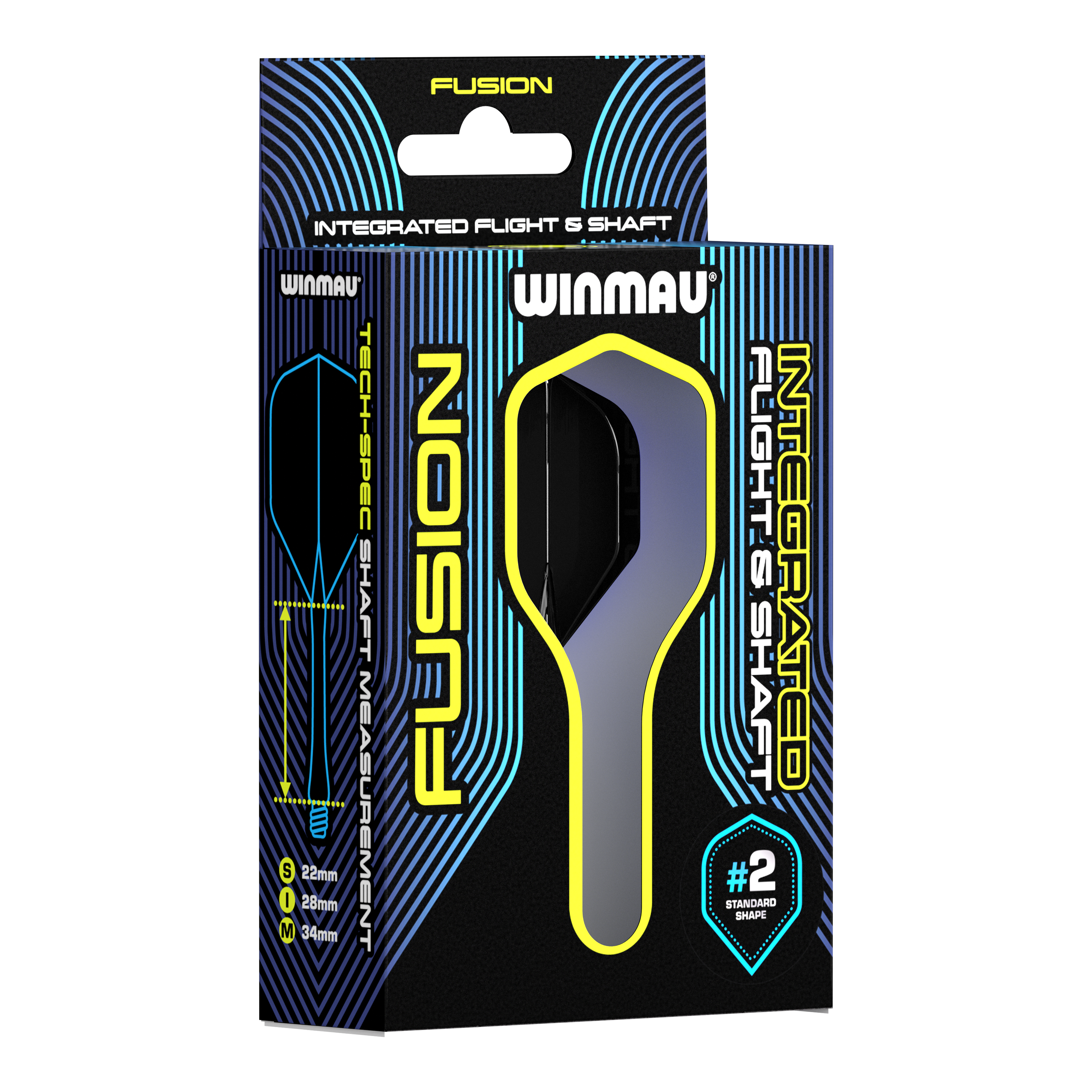 Die Abbildung zeigt eine Verpackung des Winmau Fusion Integrated Flight & Shaft Systems. Das Produkt ist in der Größe 34 mm (#2 Standardform) und in der Farbe Schwarz erhältlich.