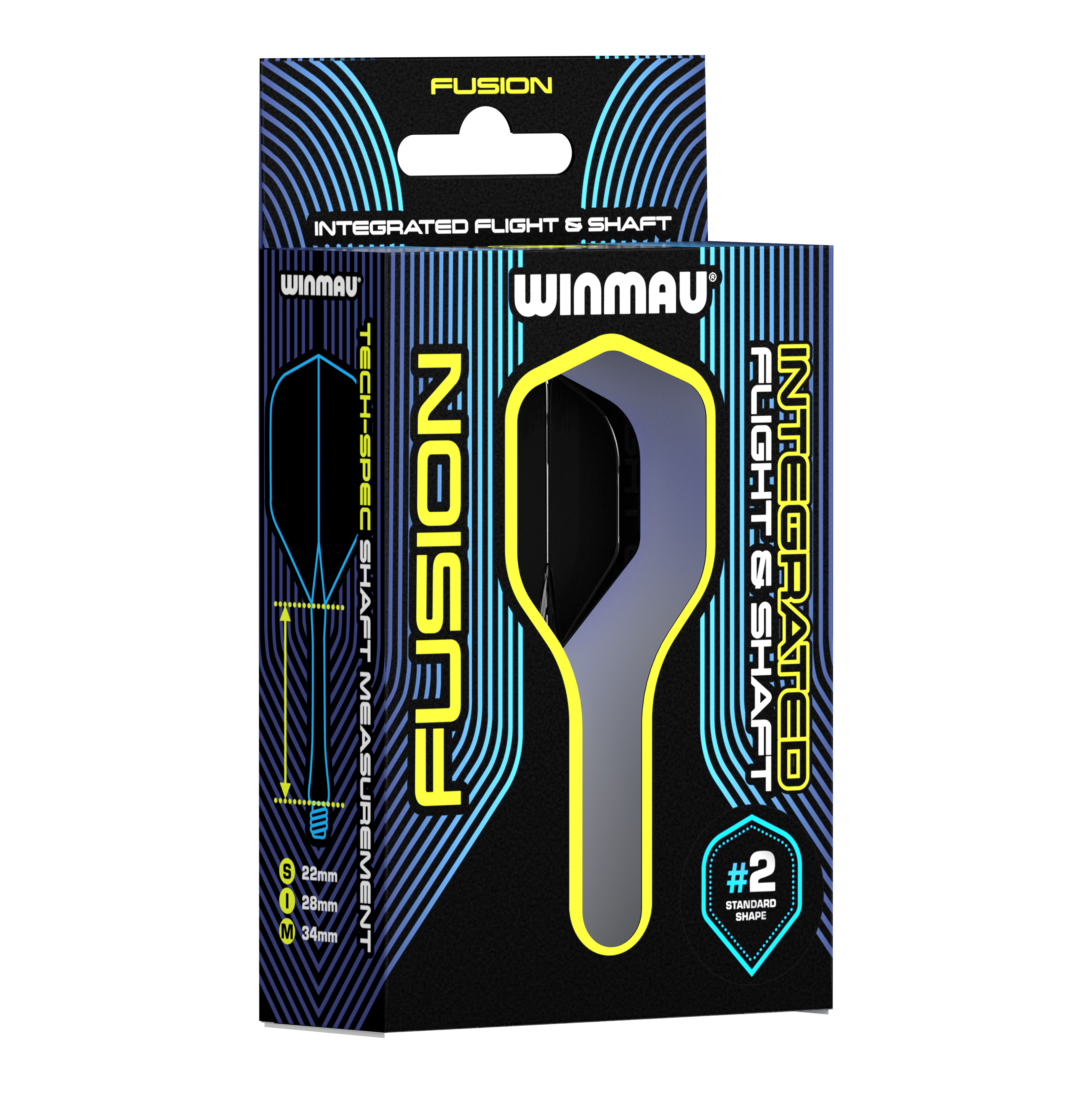 Winmau Fusion Flight Shaft System Standard Schwarz Die Abbildung zeigt eine Verpackung des Winmau Fusion Integrated Flight & Shaft Systems. Das Produkt ist in der Größe 34 mm (#2 Standardform) und in der Farbe Schwarz erhältlich.