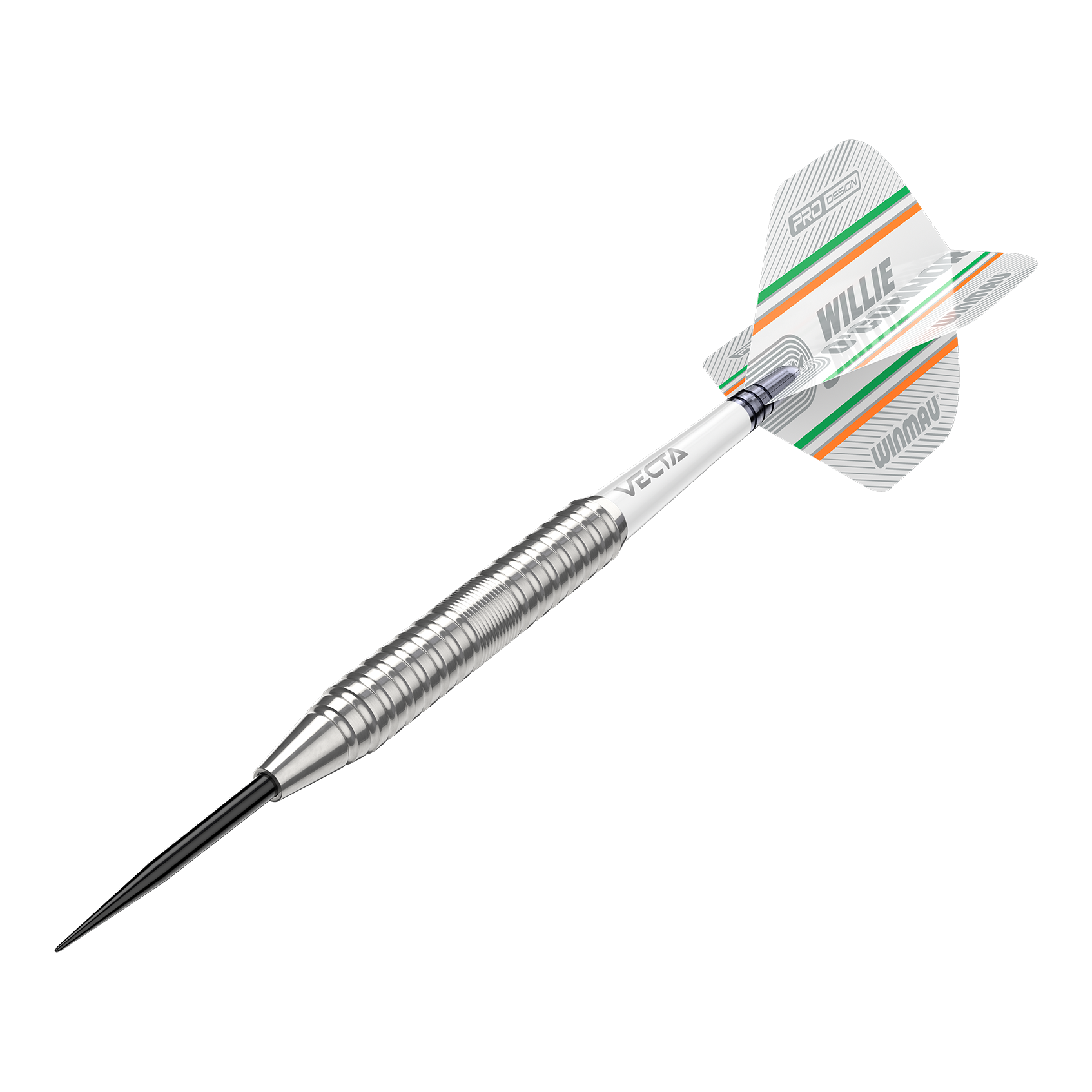 Winmau Willie OConnor Steeldarts - 23g Das Bild zeigt einen silbernen Steeldartpfeil mit dem Namen "Winmau Willie O'Connor Steeldarts - 23g". Auf dem Flight sind grüne und orange Streifen sowie der Name "Willie O'Connor" zu sehen.