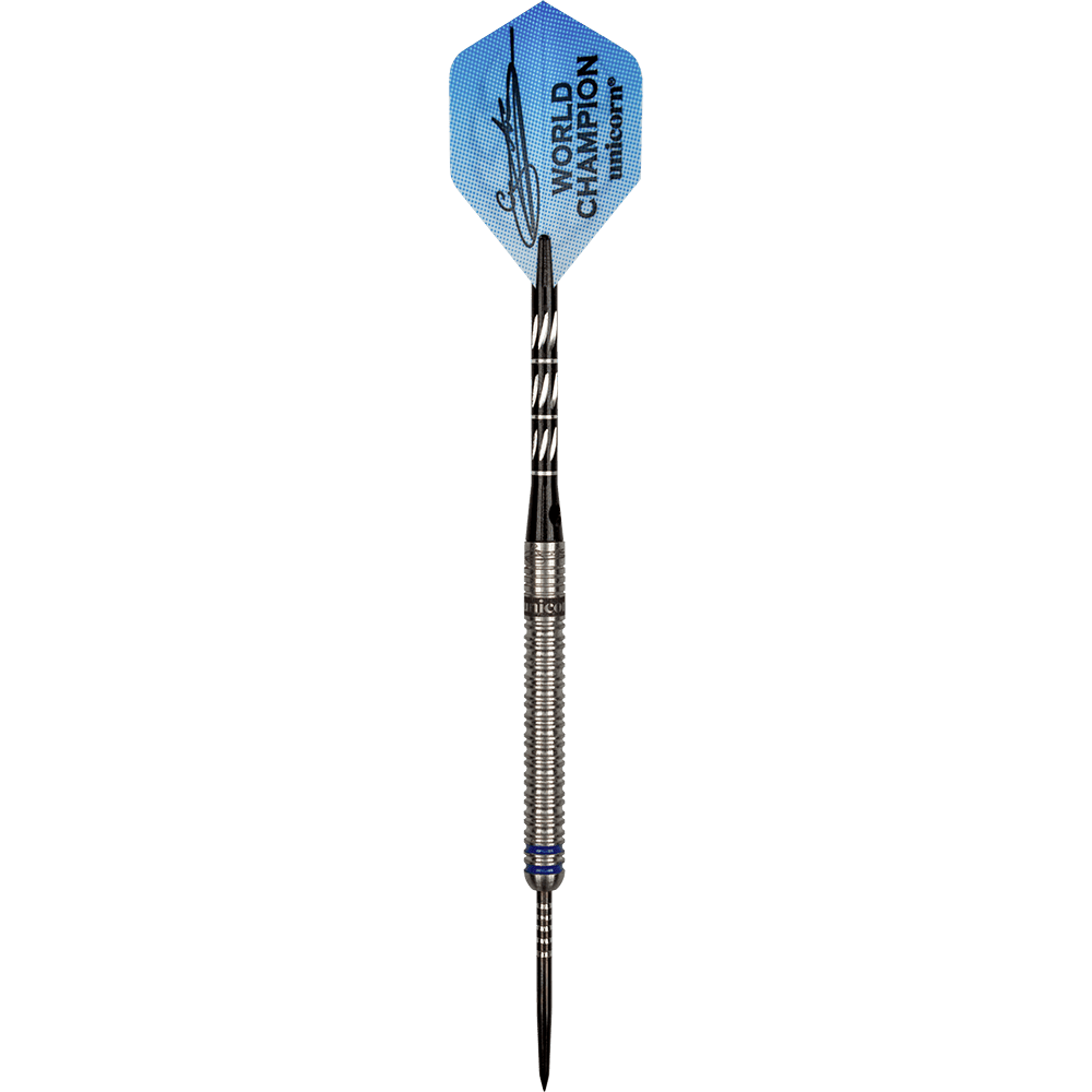 Auf dem Bild ist ein Steeldart der Marke „Unicorn World Champion Gary Anderson Phase 3“ zu sehen. Der Dart hat eine silberne Barrel, einen schwarzen Schaft und ein blaues Flight mit Aufschrift.