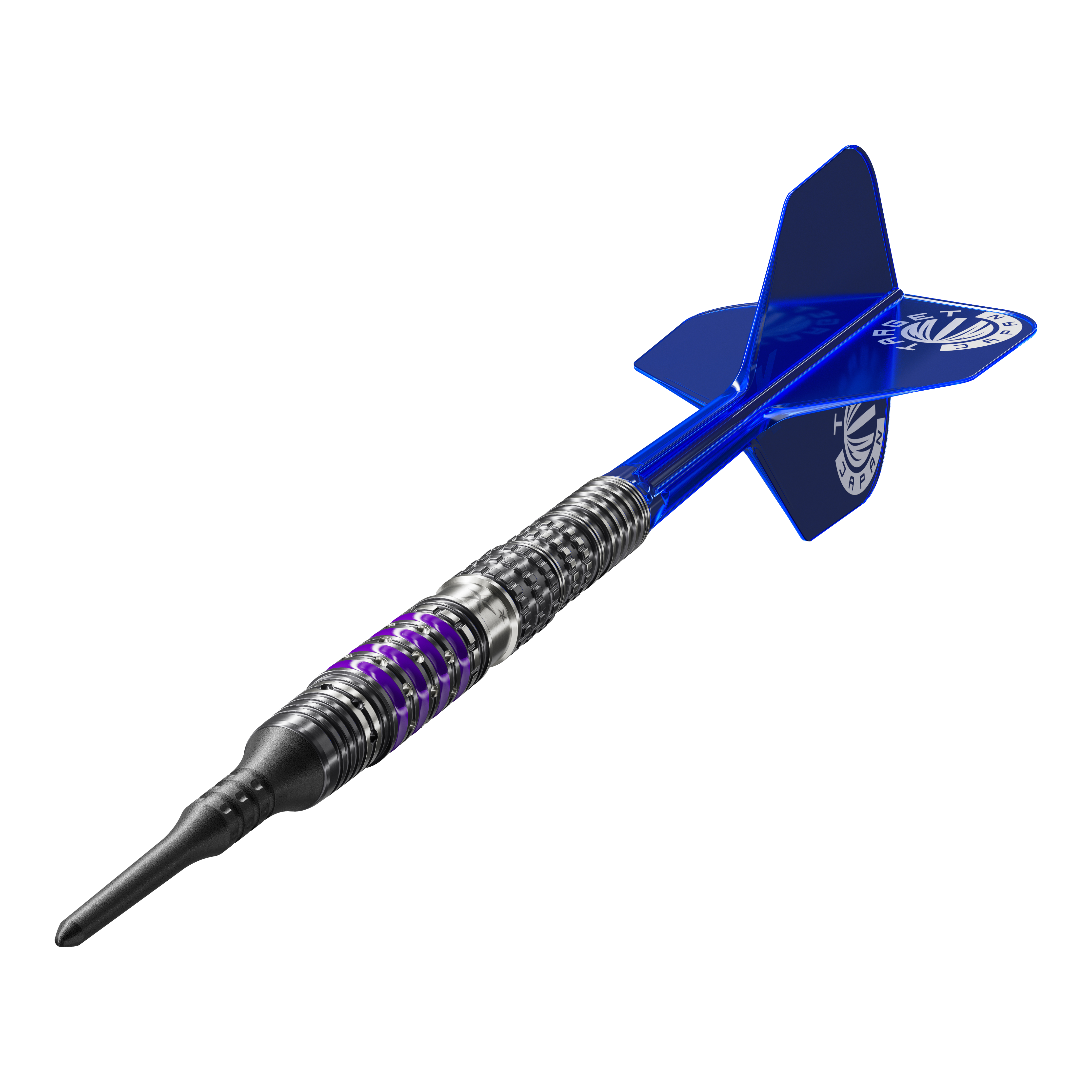 Target Japan Prime Series Sirius GEN4 Softdarts - 21,5g Das Bild zeigt einen modernen Softdart aus der Produktreihe „Target Japan Prime Series Sirius GEN4“ mit einem Gewicht von 21,5g. Der Dart hat ein auffälliges, silber-schwarzes Design mit lila Akzenten und blauen Flights.