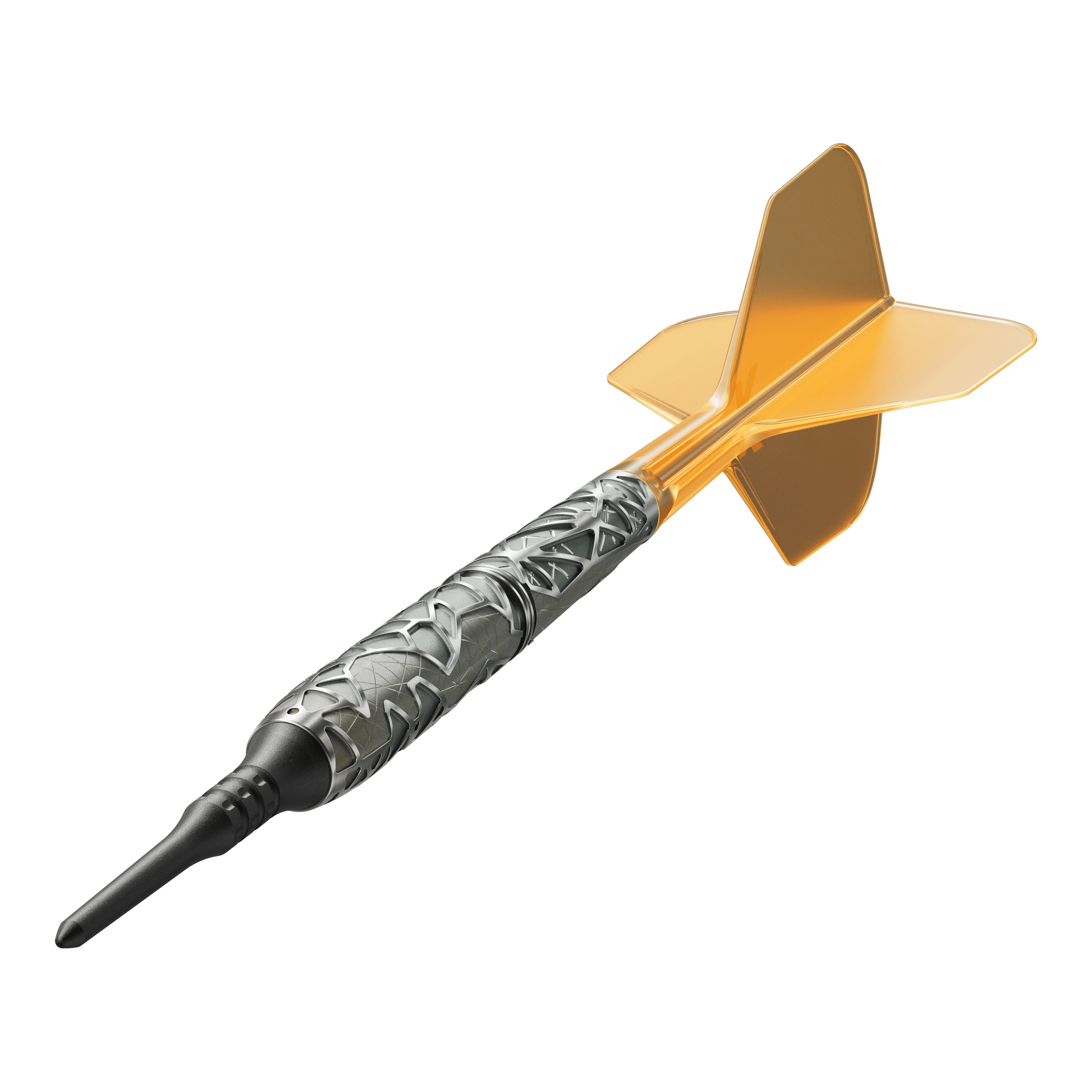 Das Bild zeigt einen Softdart mit auffälligem, silberfarbenem Griff und goldener Flugfeder. Es handelt sich um das Produkt "Target Elysian 10 Limited Edition Softdarts - 20g".
