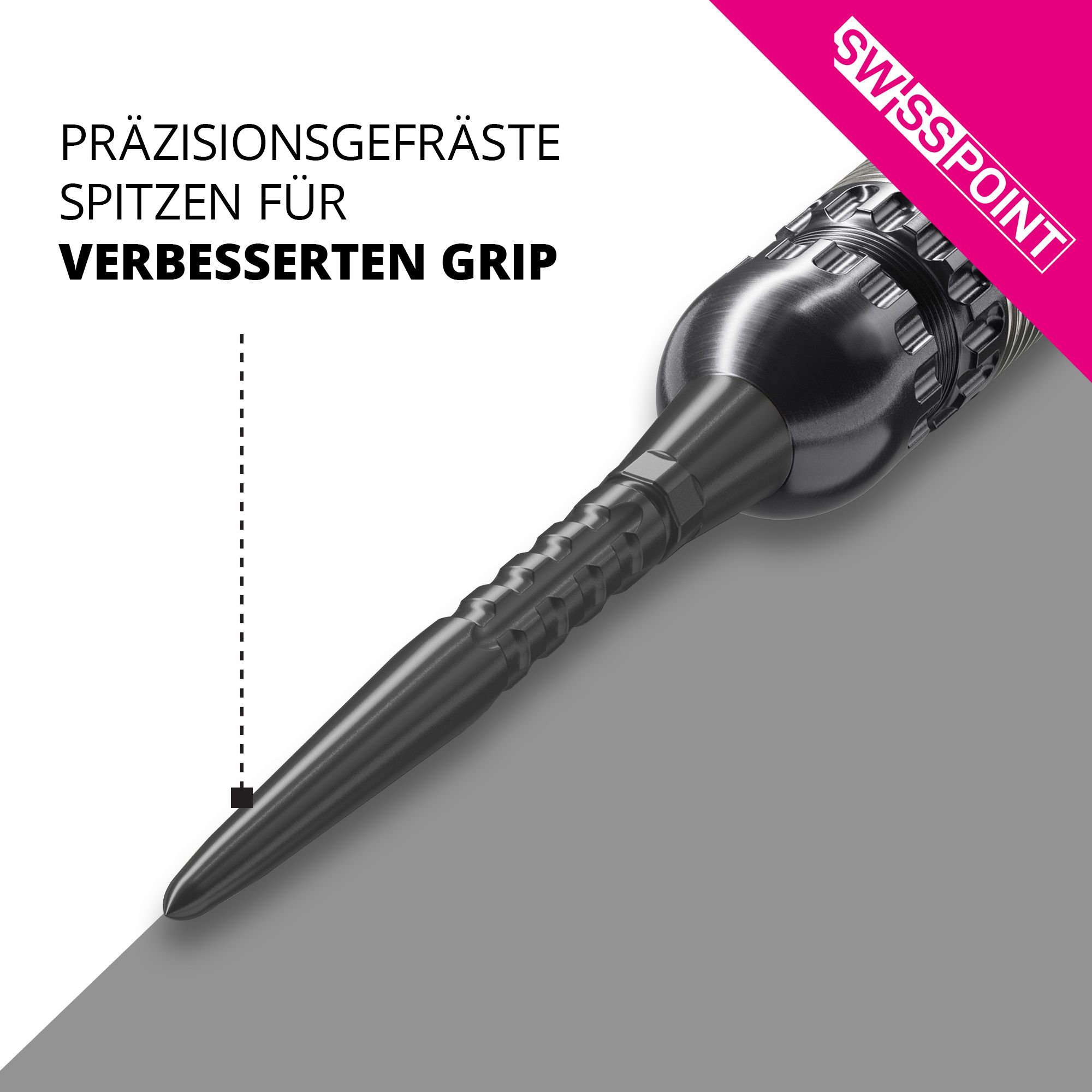 Target Swiss Point Storm Surge Steeldartspitzen - Schwarz Das Bild zeigt eine präzisionsgefräste, schwarze Dartspitze mit speziellen Rillen für besseren Halt. Oben rechts steht „SWISS POINT“, und daneben ist der Text „PRÄZISIONSGEFRÄSTE SPITZEN FÜR VERBESSERTEN GRIP“ zu sehen.