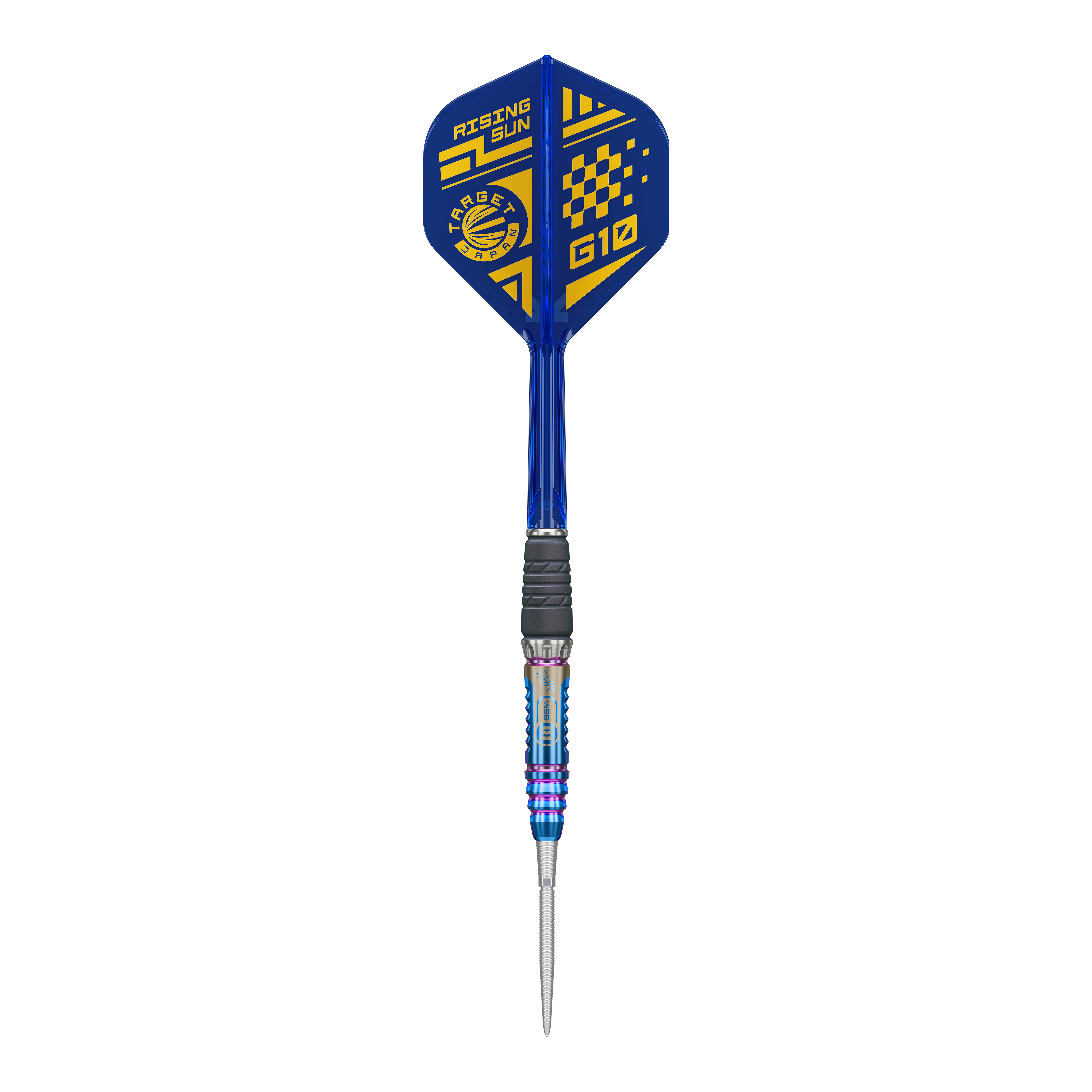 Target Japan Rising Sun GEN10 Swiss Point Steeldarts Dies ist ein Bild der Target Japan Rising Sun GEN10 Swiss Point Steeldarts. Drei silberne Darts mit blauen Highlights sind zu sehen.