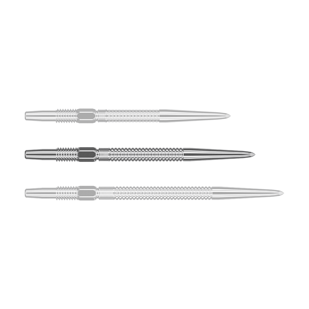 Target Swiss Point GRD Silver Dartspitzen Das Bild zeigt drei silberne Dartspitzen des Produkts „Target Swiss Point GRD Silver Dartspitzen“. Die Spitzen sind nebeneinander angeordnet und haben eine feine Riffelung.