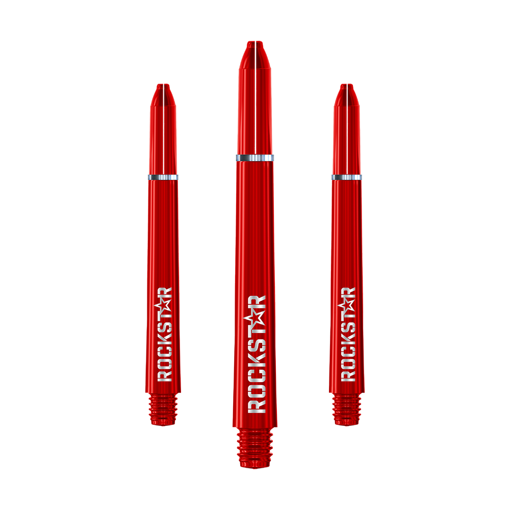 Das Bild zeigt drei rote Dartschäfte mit der Aufschrift "ROCKSTAR". Die Schäfte sind aus Nylon gefertigt und haben einen silbernen Ring in der Mitte.