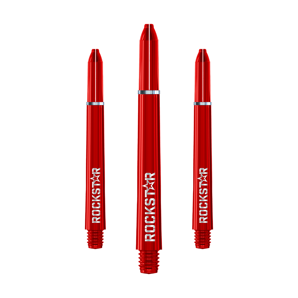 Winmau Joe Cullen Rockstar Nylon Shafts Das Bild zeigt drei rote Dartschäfte mit der Aufschrift "ROCKSTAR". Die Schäfte sind aus Nylon gefertigt und haben einen silbernen Ring in der Mitte.