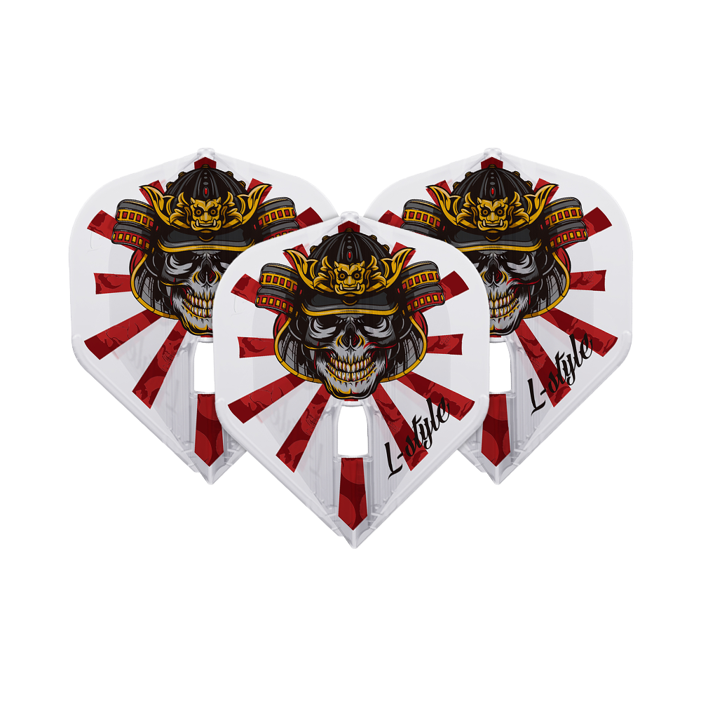 Auf dem Bild sind drei Dart-Flights des Modells "L-Style Robert Marijanovic V2 Samurai Clear L1PRO KAMI" zu sehen. Sie zeigen ein auffälliges Samurai-Schädel-Design mit roten Strahlen auf weißem Hintergrund.