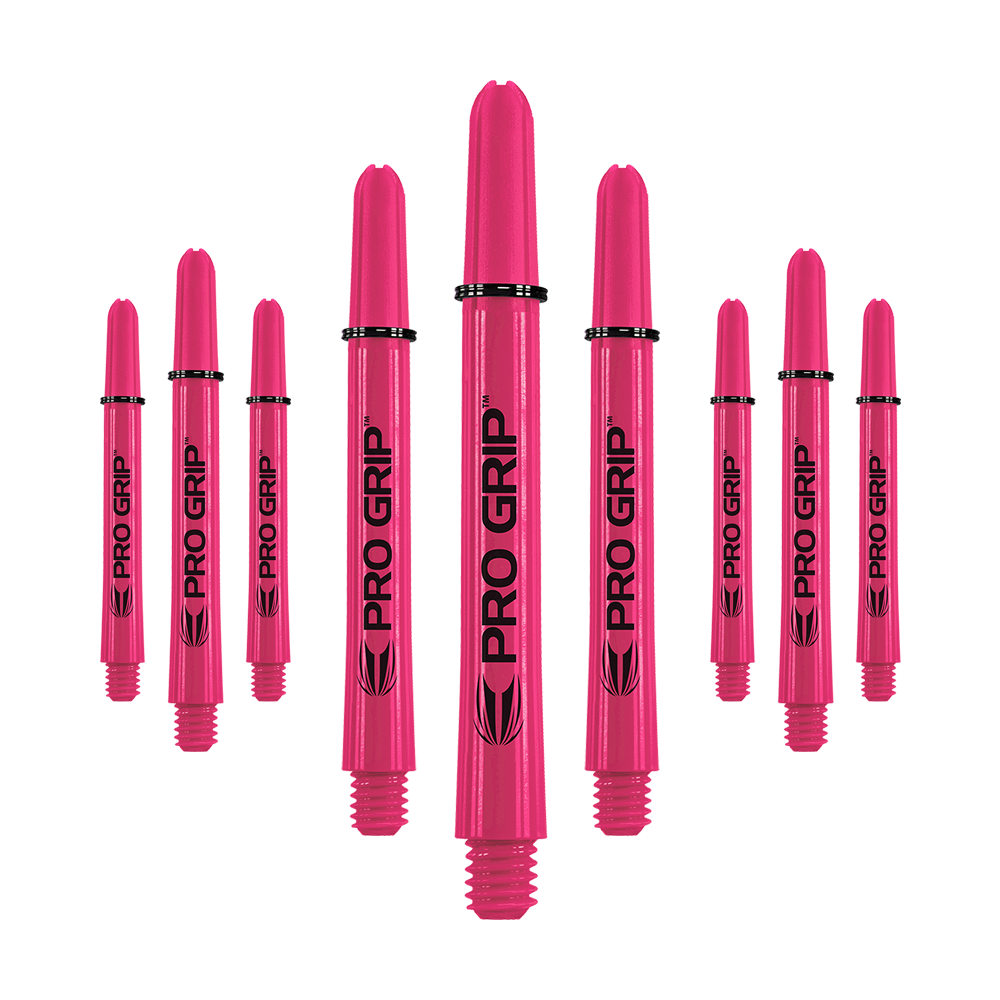 Auf dem Bild sind neun pinke Pro Grip Shafts zu sehen, die für Dartpfeile verwendet werden. Sie sind gleichmäßig angeordnet und tragen den Schriftzug "PRO GRIP" in schwarzer Farbe.