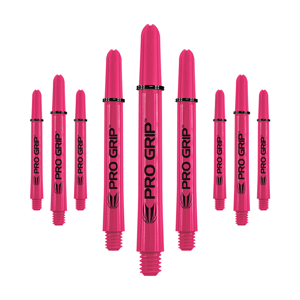 Target Pro Grip Shafts - 3 Sets - Pink Auf dem Bild sind neun pinke Pro Grip Shafts zu sehen, die für Dartpfeile verwendet werden. Sie sind gleichmäßig angeordnet und tragen den Schriftzug "PRO GRIP" in schwarzer Farbe.
