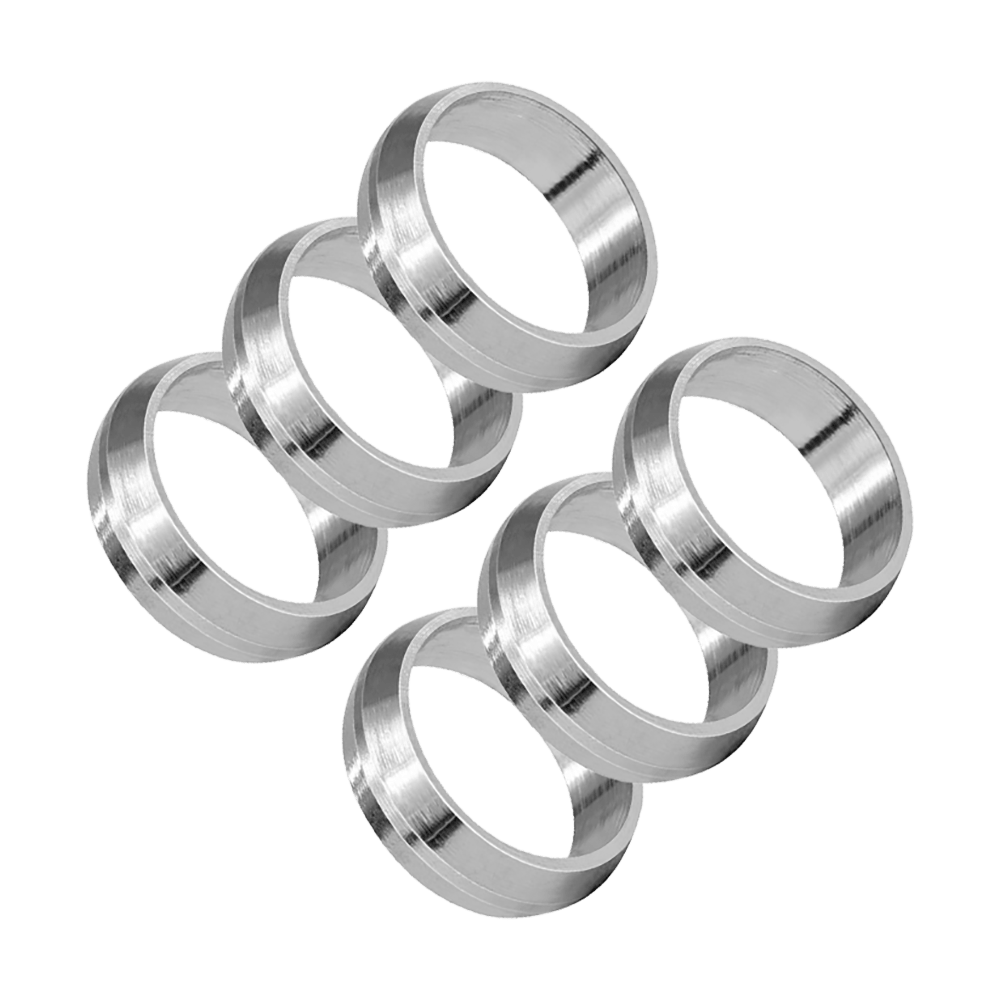 HR441_Harrows_Pyramid_Shaftringe_Silber_1 Das Bild zeigt sechs silberne Ringe des Produkts „Harrows Pyramid Shaftringe“. Die Ringe sind aus Metall und werden für Dartpfeile verwendet.