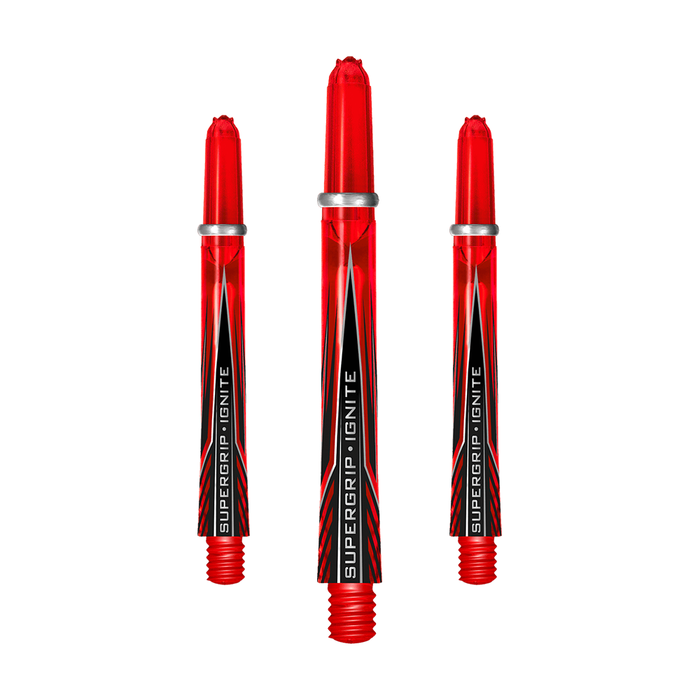 Das Bild zeigt drei rote Harrows Supergrip Ignite Shafts. Sie sind für Dartpfeile und besitzen ein modernes, auffälliges Design.
