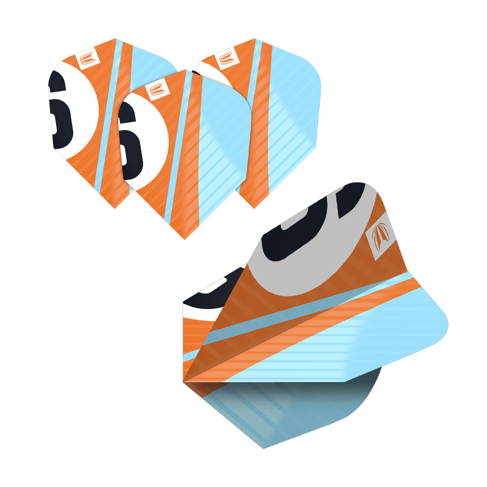 Das Bild zeigt fünf Sets der Target Pro Ultra Chicane Multipack Ten-X Flights. Die Flights haben ein auffälliges Design in Orange, Hellblau, Schwarz und Weiß.