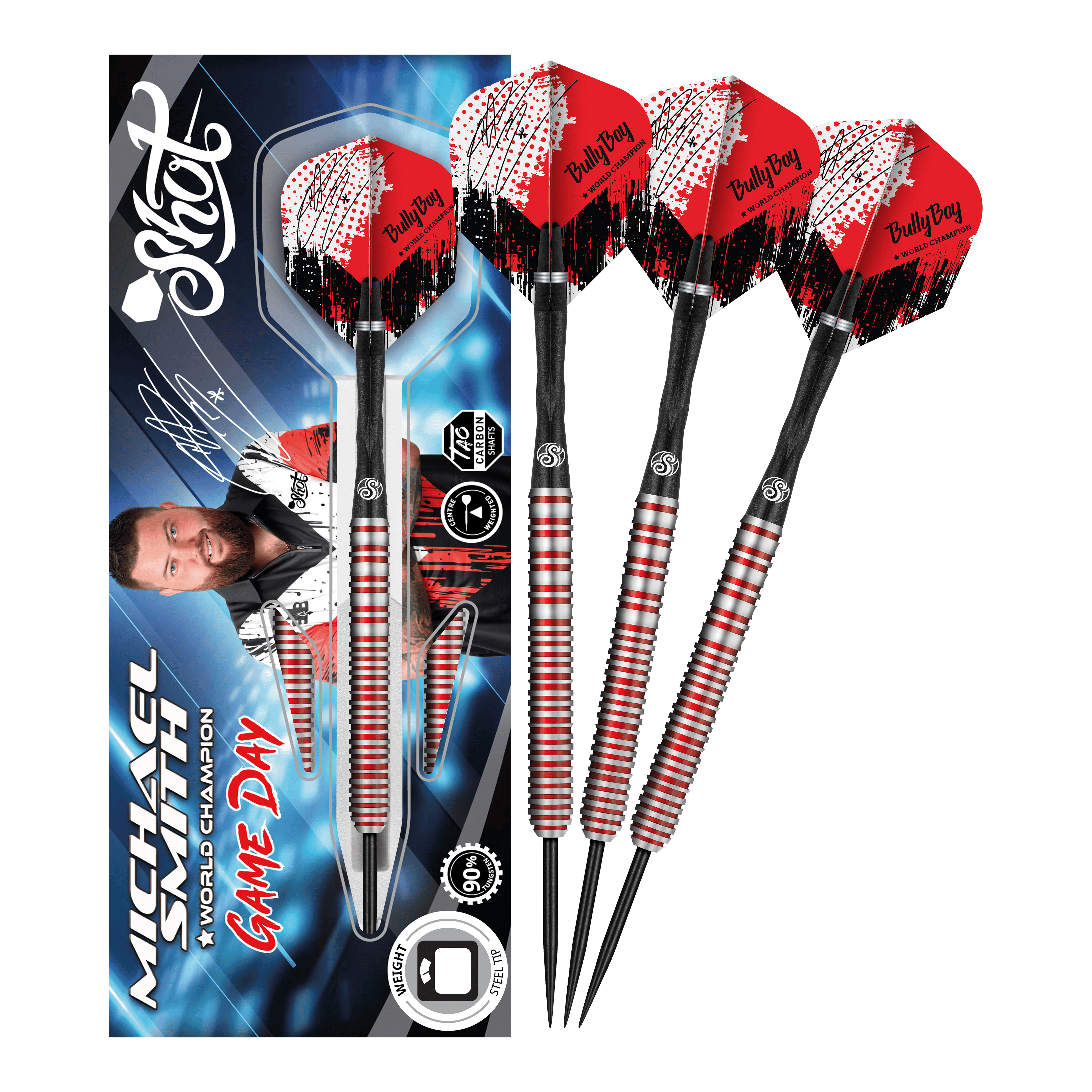 Das Bild zeigt ein Set von Steeldarts mit rot-weißen Flights und dem Schriftzug "Bully Boy". Auf der Verpackung ist der Name "Michael Smith" und das Produkt "Game Day" deutlich zu sehen.