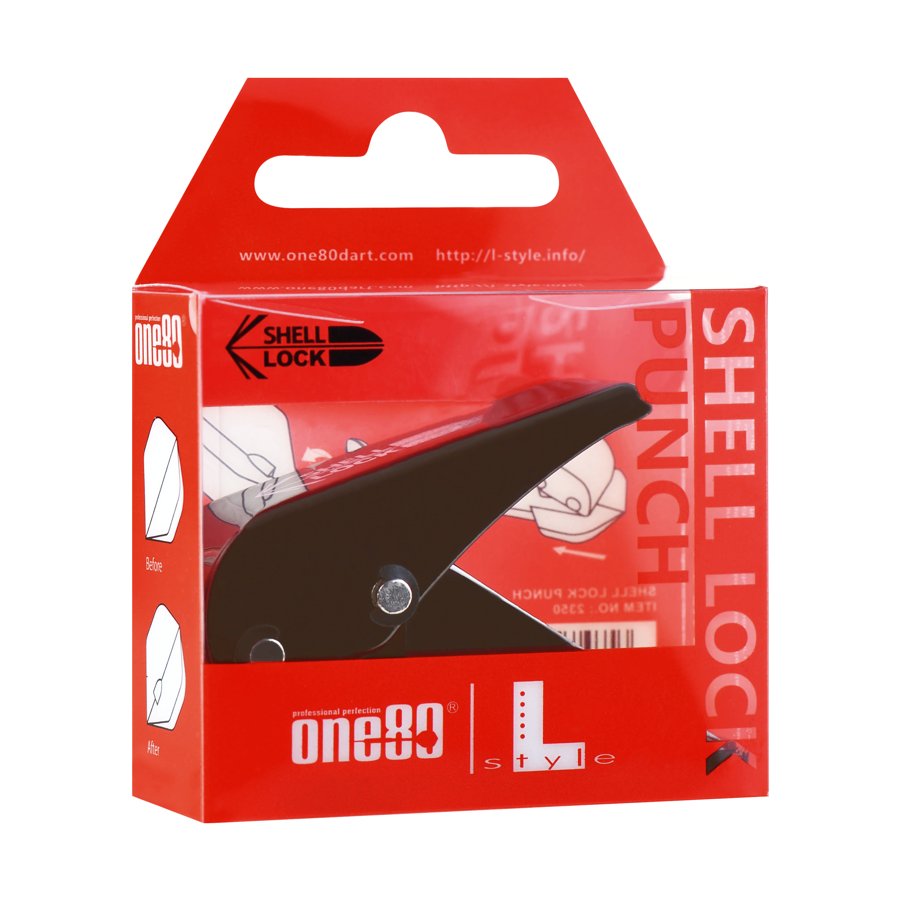 Das Bild zeigt die Verpackung des Produkts "L-Style One80 Shell Lock Punch Flightlocher". In der Packung befindet sich ein schwarzer Lochstanzer für Dart-Flights.