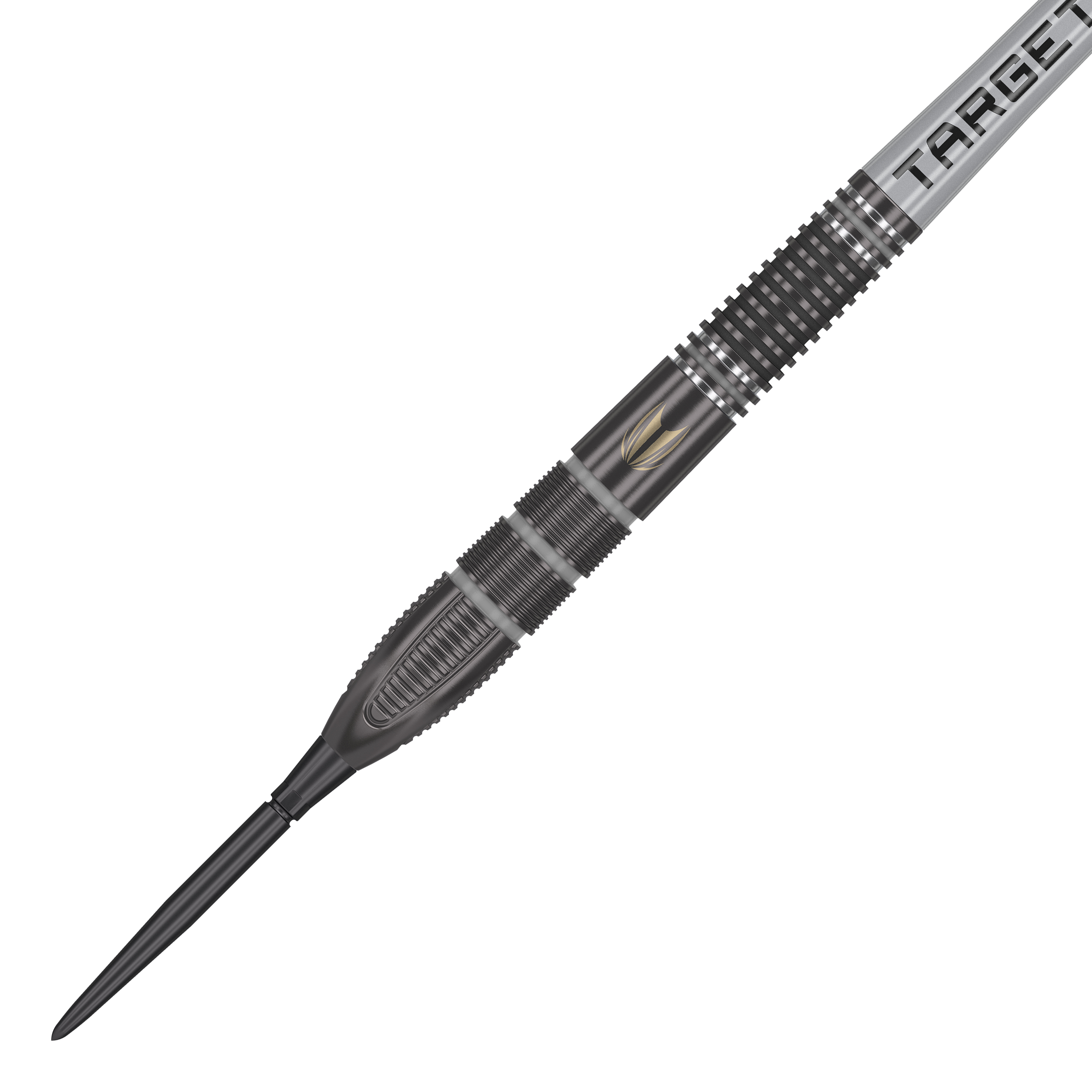 Das Bild zeigt den Target Nathan Aspinall X Echo Swiss Point Steeldart. Der Dartpfeil ist schwarz-silbern mit einem detaillierten Griffdesign und dem Schriftzug "TARGET" am Schaft.