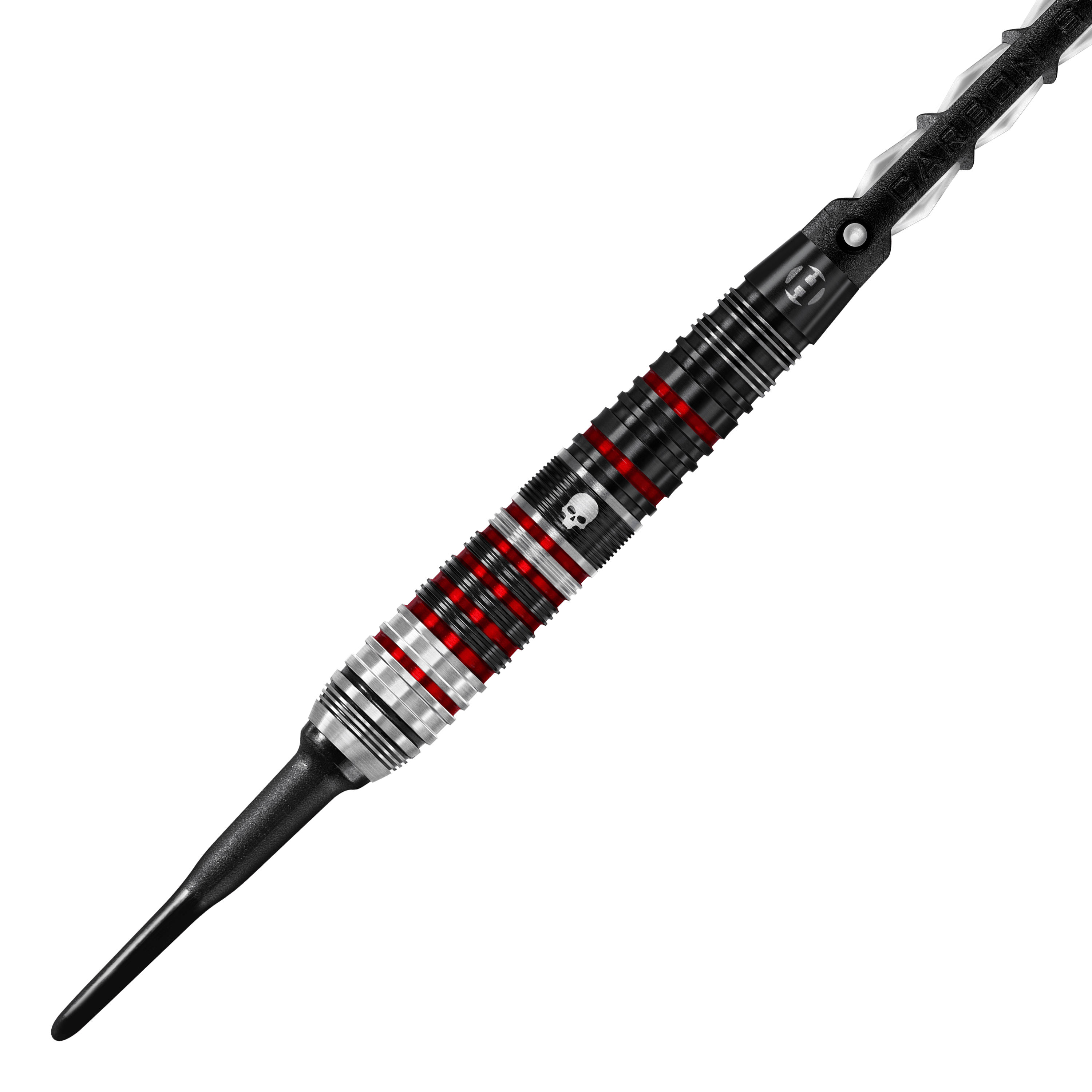 Das Bild zeigt einen Harrows Ryan Searle Heavy Metal Series 2 Softdart. Der Dartpfeil ist schwarz, silber und rot mit einem Totenkopf-Design auf dem Griff.