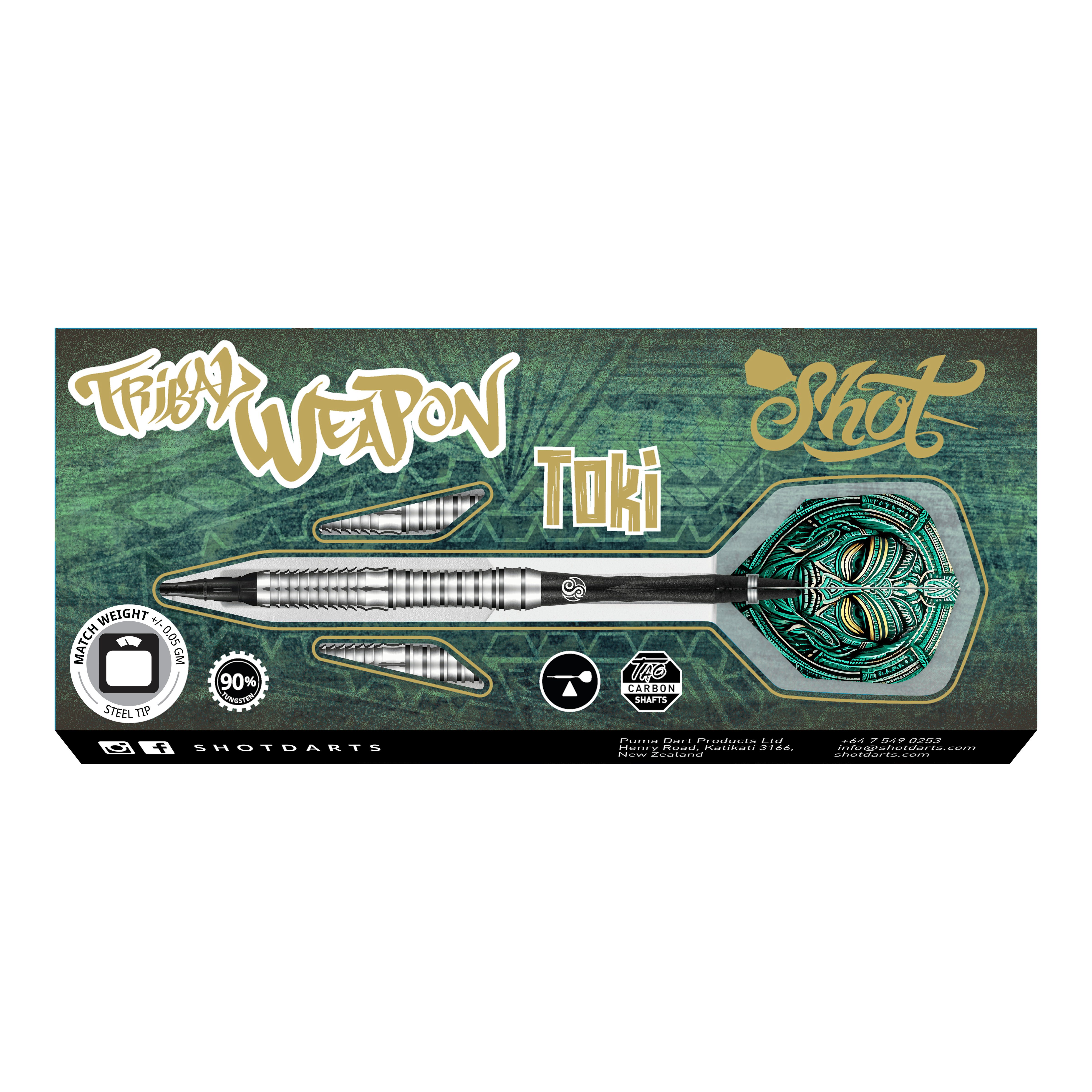 Shot Tribal Weapon Toki Softdarts Das Bild zeigt die Verpackung der "Shot Tribal Weapon Toki Softdarts". Auf der Verpackung sind ein silberner Dartpfeil mit grünem Flight und verschiedene Beschriftungen abgebildet.