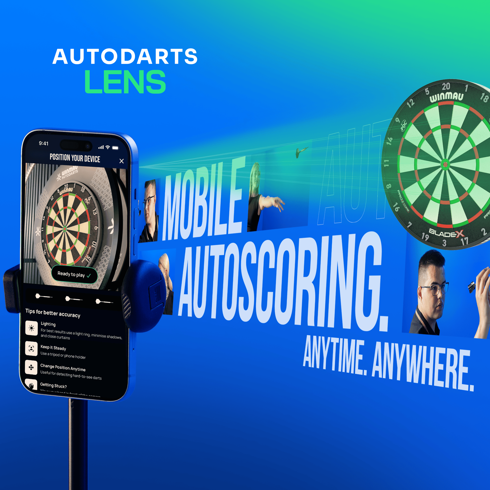 Winmau Autodarts Device Stand & 12 Monate Membership Bundle Das Bild zeigt das Winmau Device Stand & 12 Monate Membership Bundle. Enthalten sind ein Gerätehalter und eine 12-monatige Mitgliedschaft.
