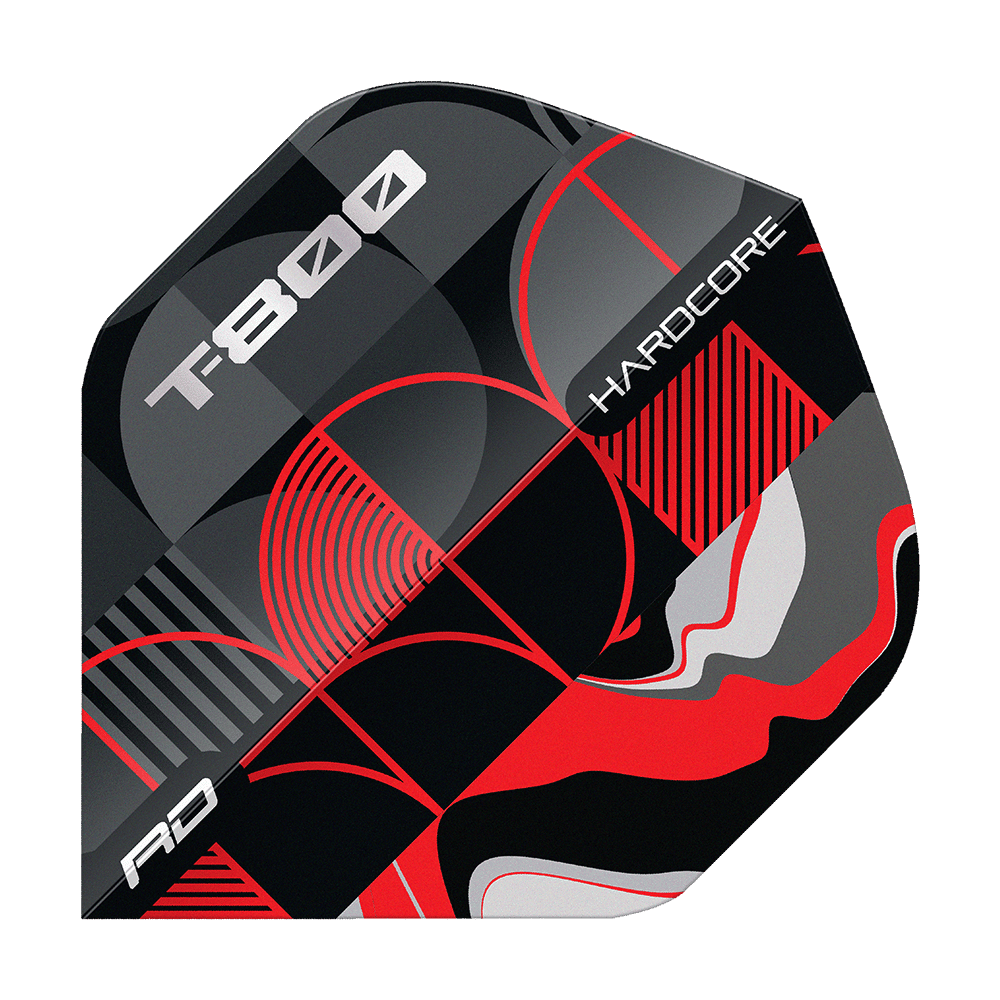 Das Bild zeigt ein Dart-Flight mit dem Namen "Red Dragon Hardcore T-800 No2 Standard Flights". Das Design ist in Schwarz, Rot, Silber und Grau mit geometrischen Mustern und den Aufschriften "T-800" und "Hardcore" gestaltet.