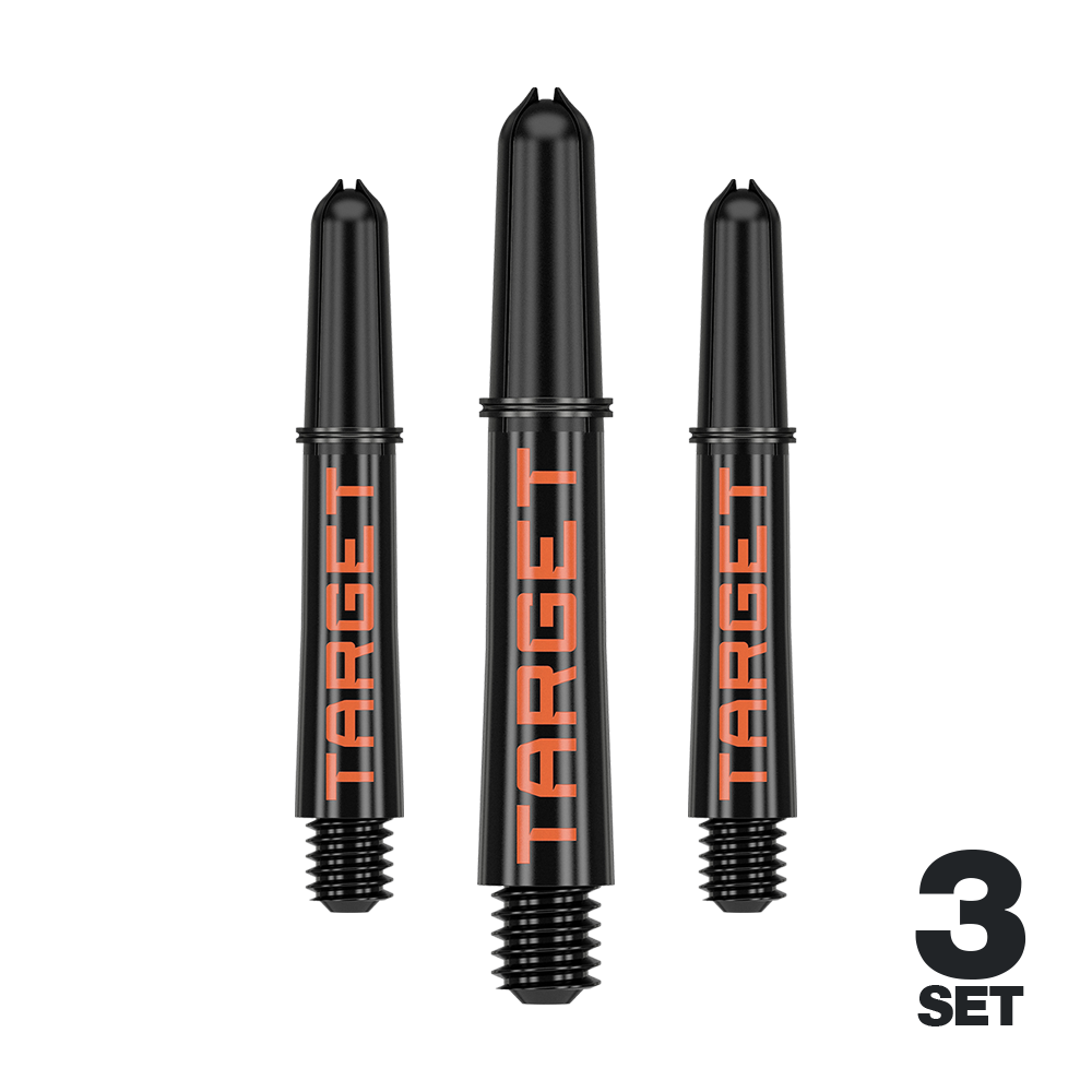 Target Pro Grip TAG Shafts - 3 Sets - Schwarz Orange Auf dem Bild sind drei schwarze Dartschäfte mit orangener "TARGET"-Aufschrift zu sehen. Unten rechts steht "3 SET", was darauf hinweist, dass es sich um ein Set aus drei Stück handelt.