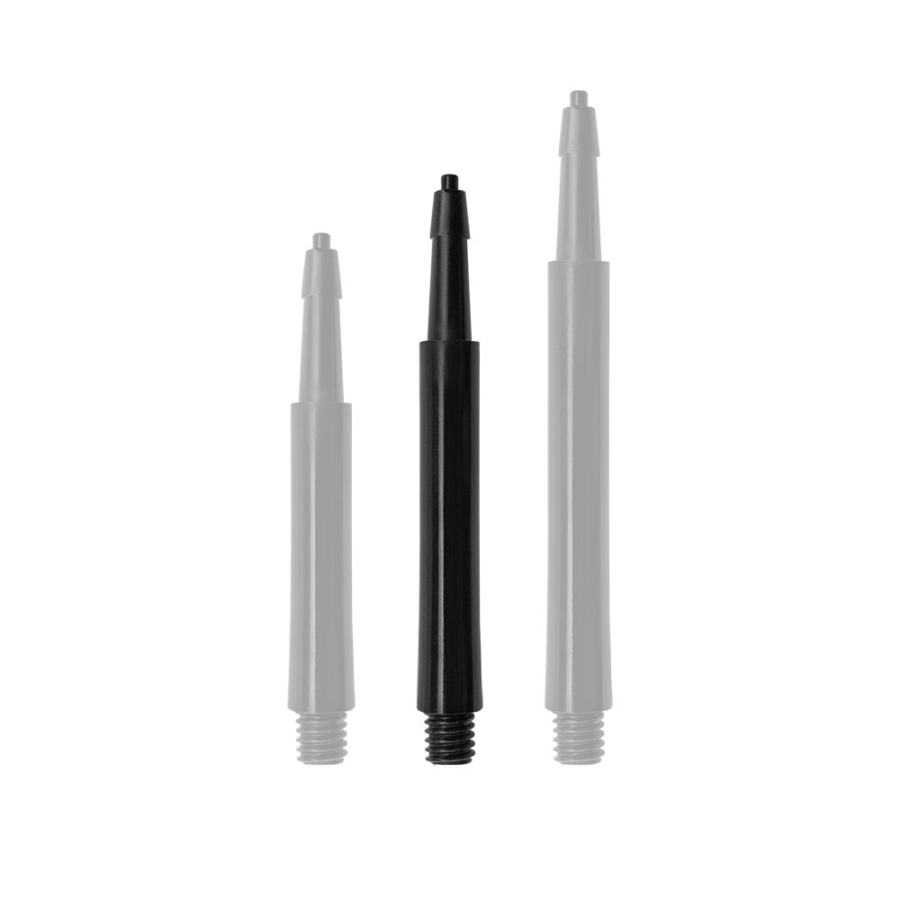 HRC12626_Harrows_Clic_Standard_Shafts_Schwarz_30mm_1CuW7VeyIAahRT Das Bild zeigt drei schwarze Harrows Clic Standard Shafts in verschiedenen Längen. Die Shafts sind für Dartpfeile geeignet.