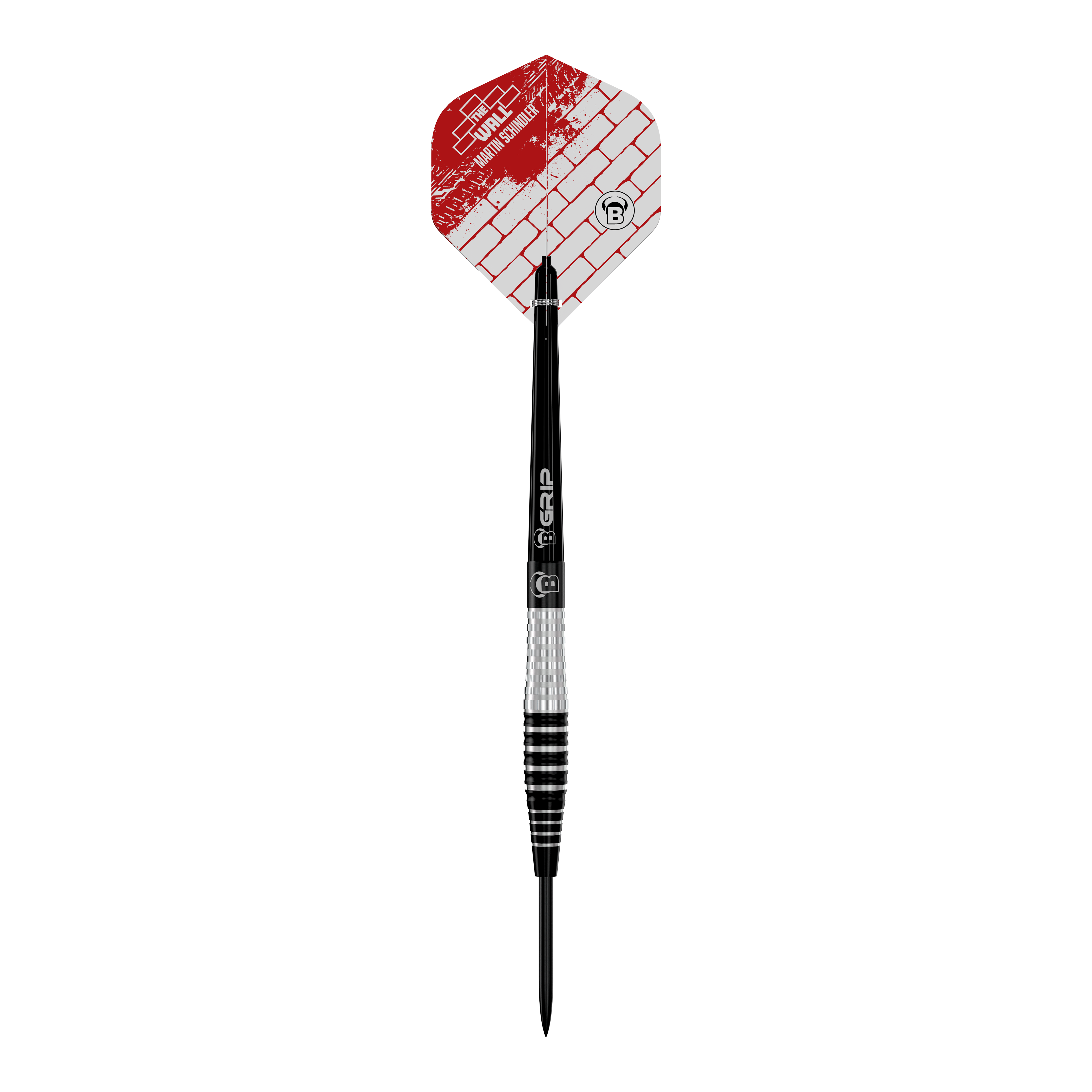 Auf dem Bild ist ein Steeldart der Marke „Bulls Martin Schindler Original Generation 3“ zu sehen. Der Dart hat einen silbernen und schwarzen Schaft sowie ein rotes Flight mit Ziegelmuster.