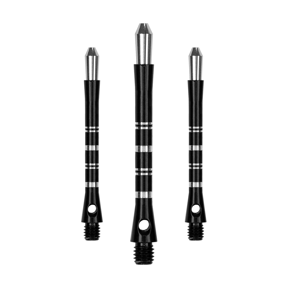 Das Bild zeigt drei schwarze Dartshafts der Marke Harrows Colette. Die Shafts haben silberne Akzente und ein schlankes, modernes Design.