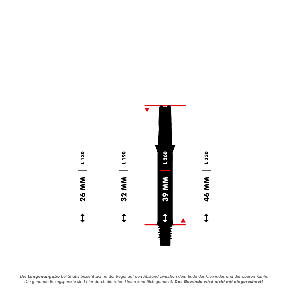 L-Style L-Shafts Silent Straight - Schwarz 260 Das Bild zeigt verschiedene Längen von geraden Dartshafts, die in Millimetern angegeben sind. Die L-Shaft mit einer Länge von 39 mm ist in der Mitte hervorgehoben dargestellt.