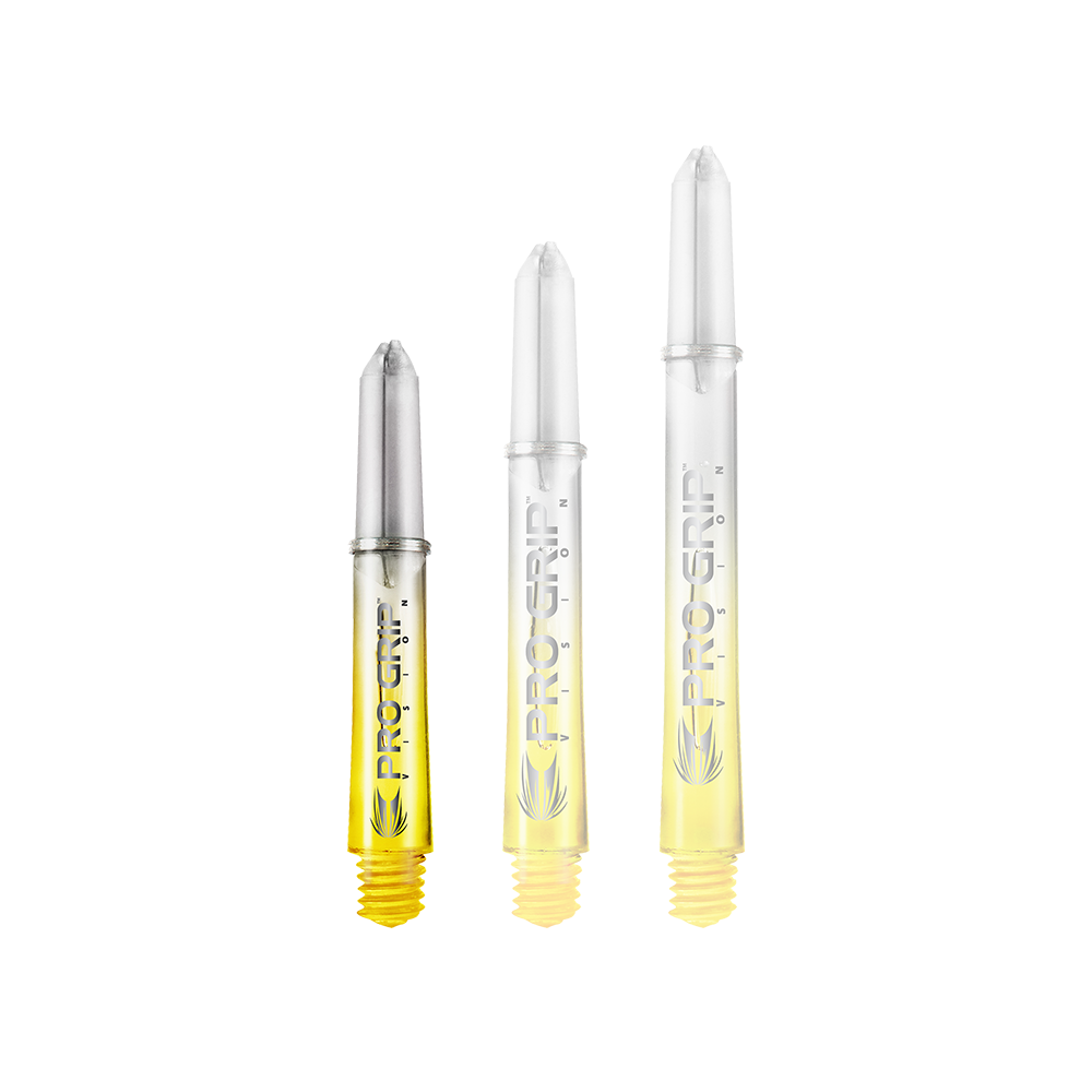 Target Pro Grip Vision Shafts - 3 Sets - Gelb Auf dem Bild sind drei durchsichtige Dartschäfte mit gelbem Ende abgebildet. Auf den Schäften steht "PRO GRIP VISION" und sie sind unterschiedlich lang.