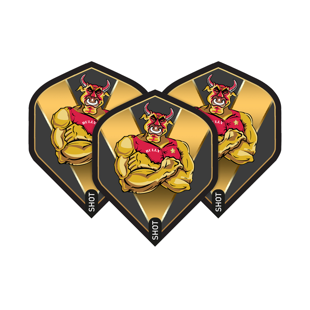 Das Bild zeigt drei Dart-Flights mit einem muskulösen, roten Stier auf goldenem Hintergrund. Auf den Flights steht der Name „Bully Boy“ und unten das Wort „Shot“.