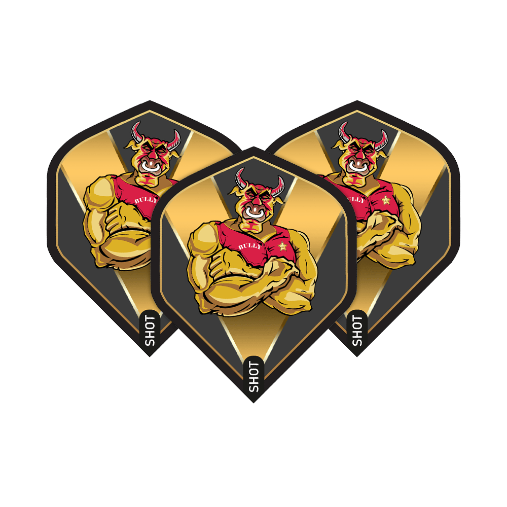 Shot Michael Smith Bully Boy Gold Standard Flights Das Bild zeigt drei Dart-Flights mit einem muskulösen, roten Stier auf goldenem Hintergrund. Auf den Flights steht der Name „Bully Boy“ und unten das Wort „Shot“.
