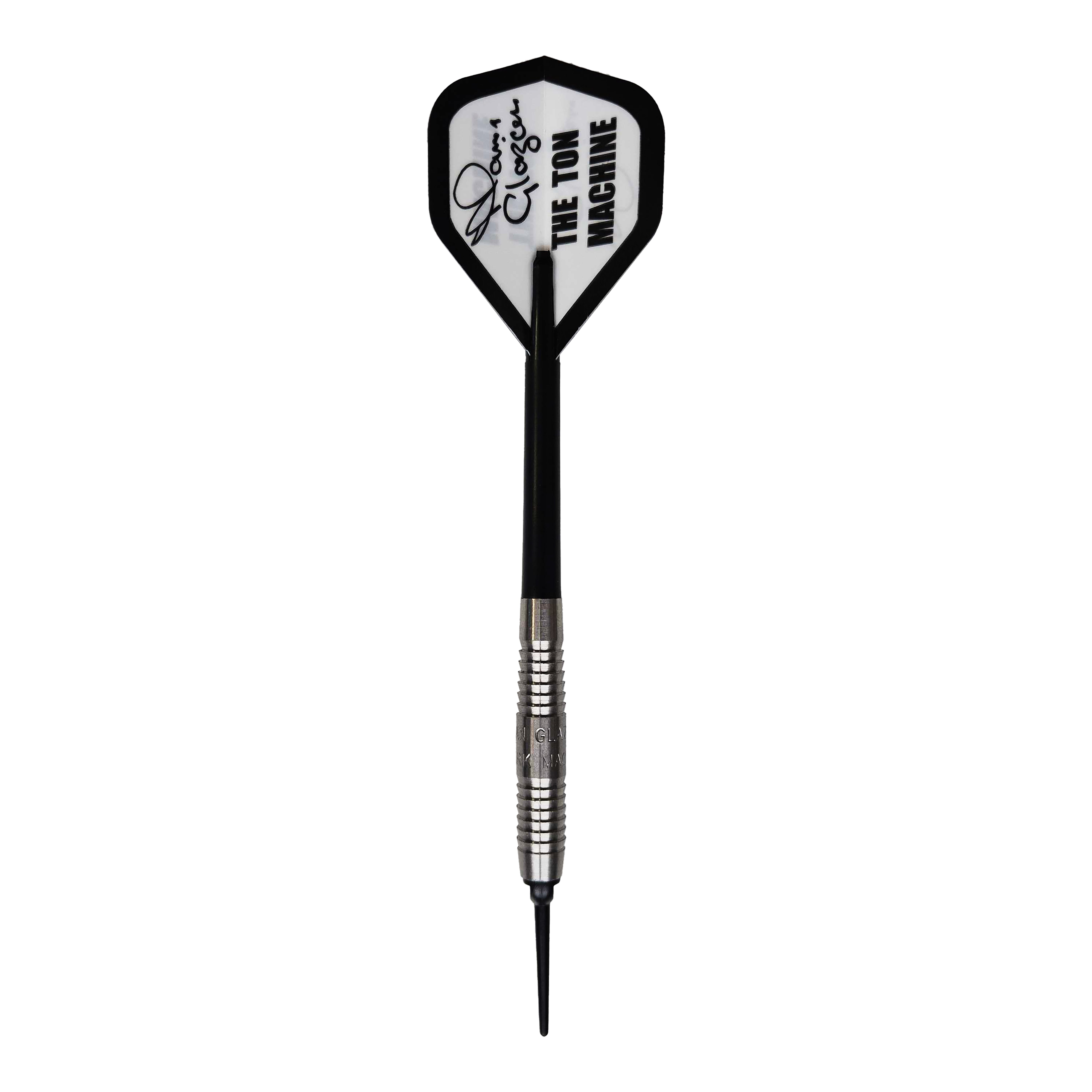 McKicks Alam Glazier Shark Machine Softdarts Auf dem Bild ist ein McKicks Alam Glazier Shark Machine Softdart zu sehen. Der Dartpfeil hat eine silberne Metallspitze und einen Flight mit der Aufschrift "THE TON MACHINE".