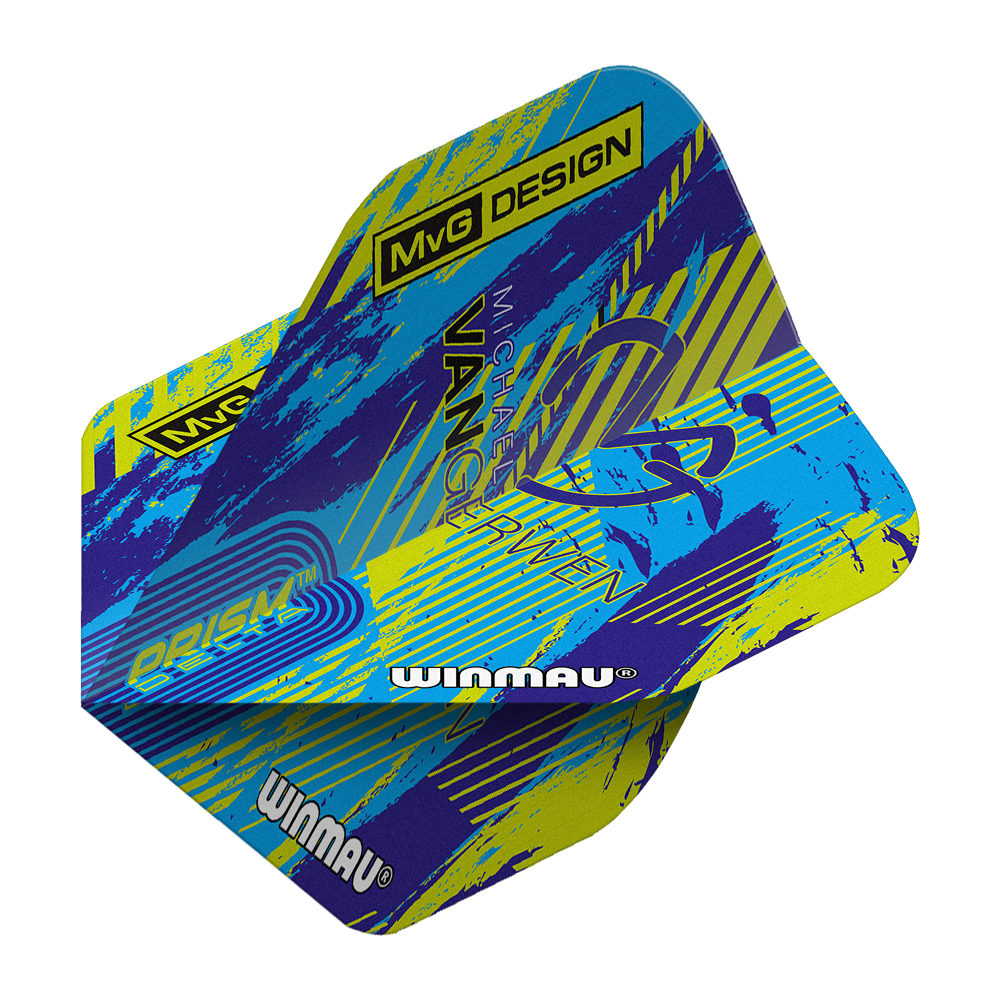 Das Bild zeigt die Winmau Delta Michael Van Gerwen Prism 04 Standard Flights. Das Design ist bunt mit blauen, gelben und violetten Akzenten sowie dem Schriftzug „MvG DESIGN“ und „Winmau“.
