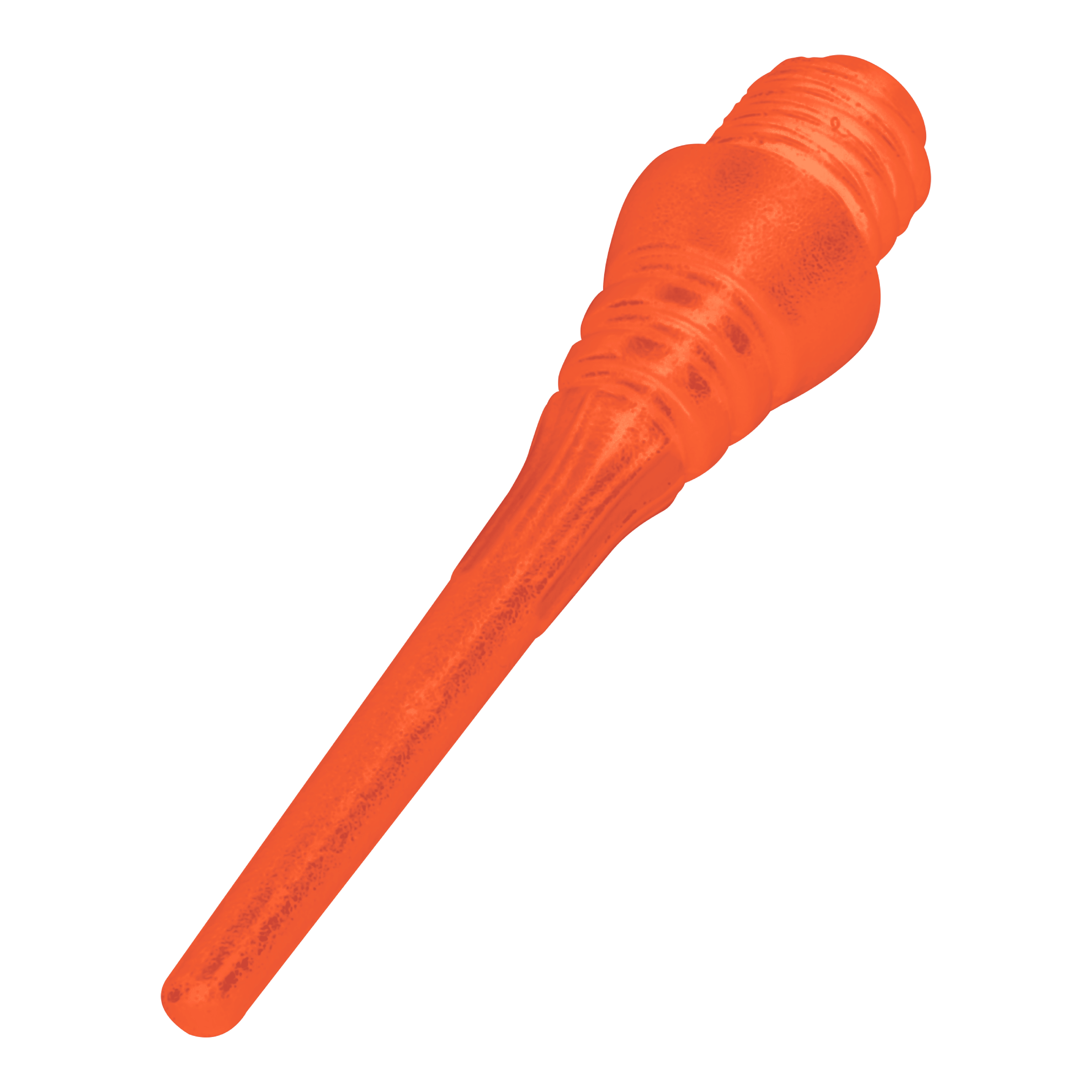 Das Bild zeigt eine orangefarbene Softdartspitze. Sie hat eine geriffelte Schraubverbindung und eine glatte, spitze Spitze.